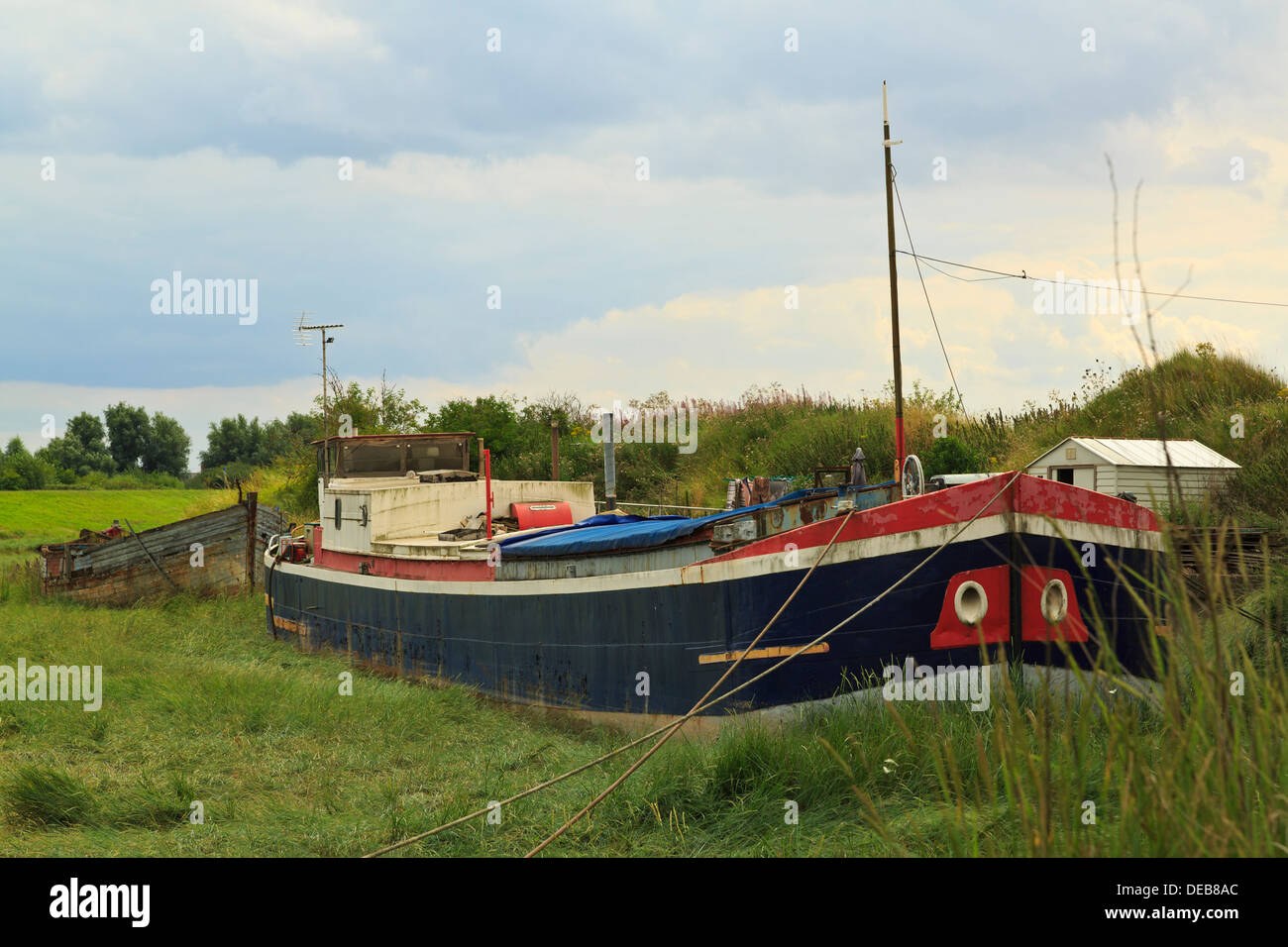Vieux bateaux sur terre envahi par la végétation au Friars Flotte, King's Lynn, Norfolk, Angleterre Banque D'Images