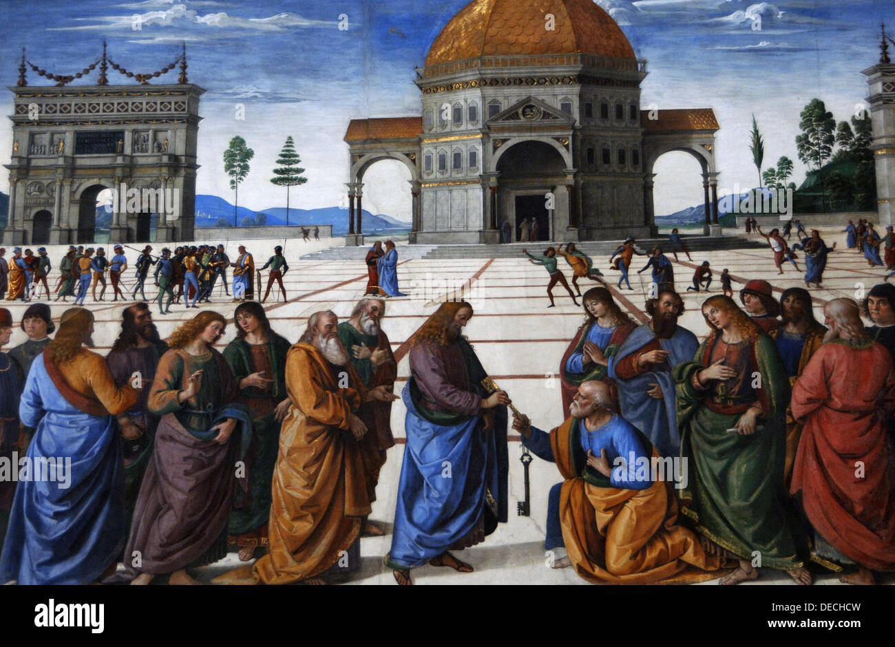 Pietro Perugino (1450-1523). Peintre italien. La remise des clés, 1481-1482. Fresque latérale. Chapelle Sixtine, Musée du Vatican. Banque D'Images
