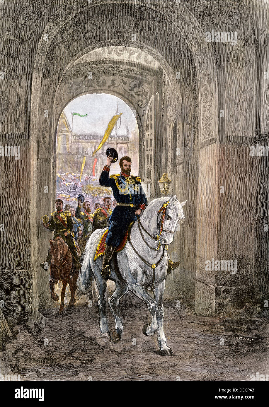 Le Tsar Nicholas II entrant dans le Kremlin gate pour son couronnement, 1896. À la main, gravure sur bois Banque D'Images