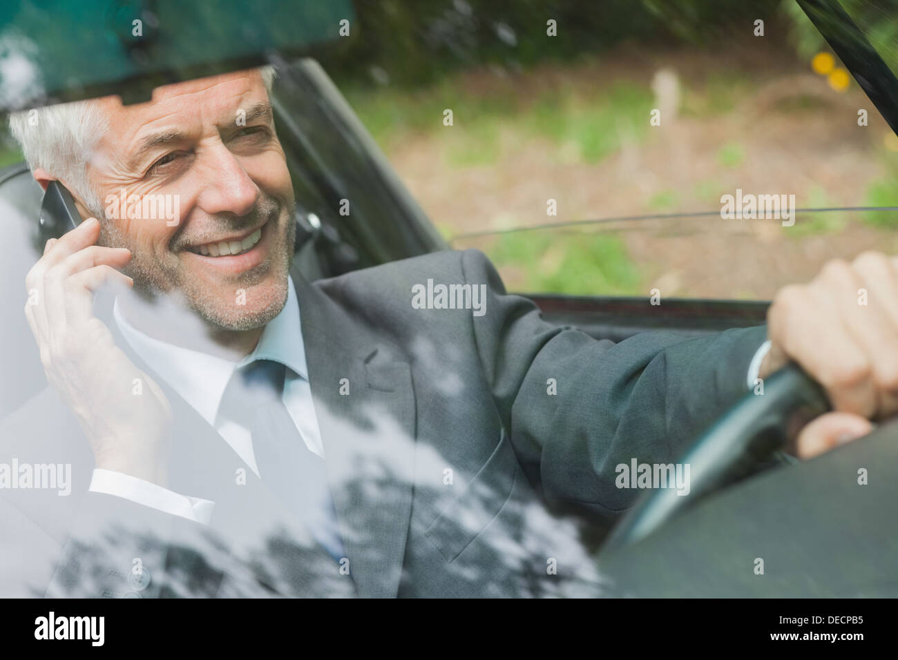 Smiling businessman sur le téléphone au volant Banque D'Images