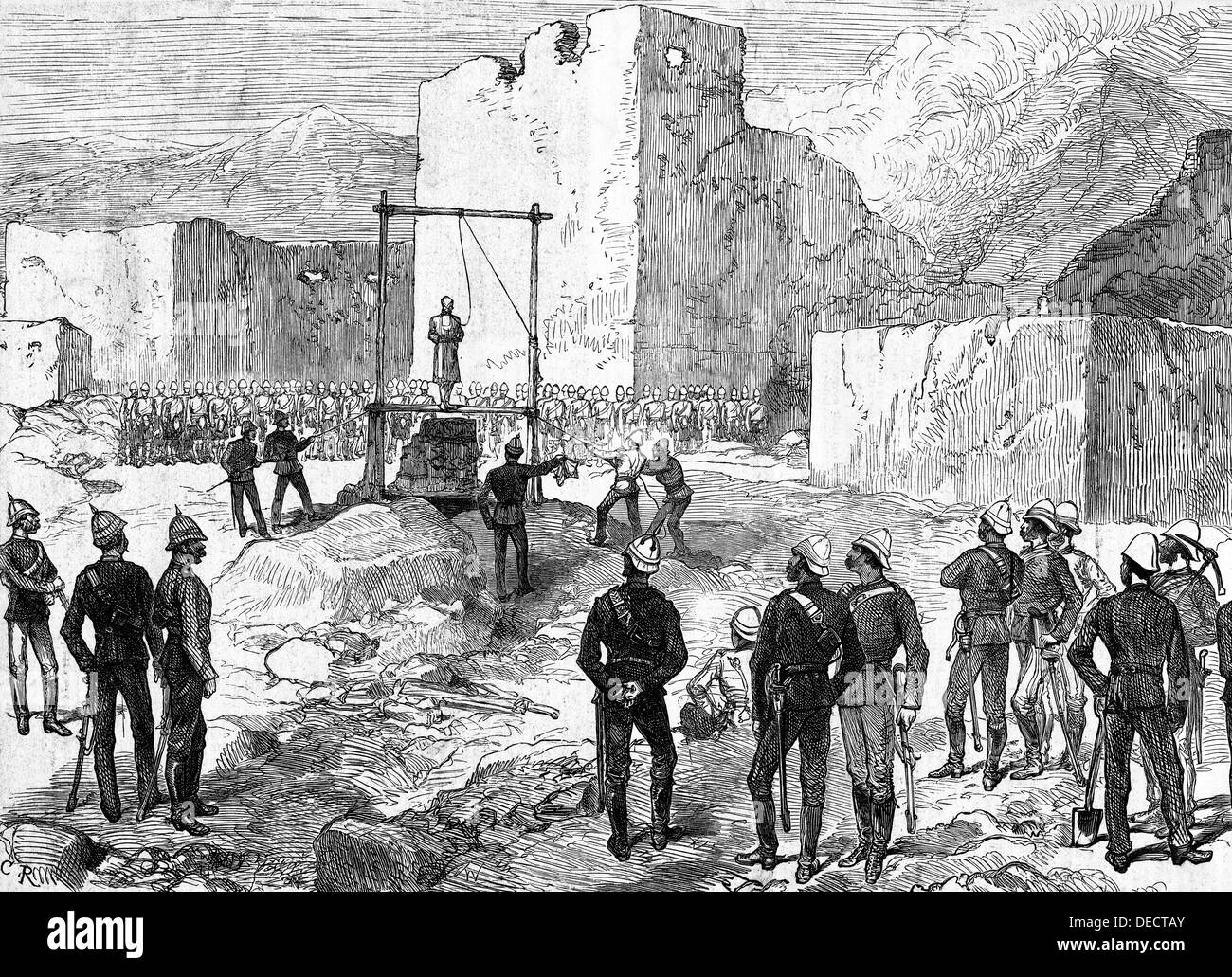 Gravure ancienne de l'exécution du Kotwal de Cabul Deuxième Guerre Anglo-afghane (1878-1880) de la London Illustrated News Banque D'Images