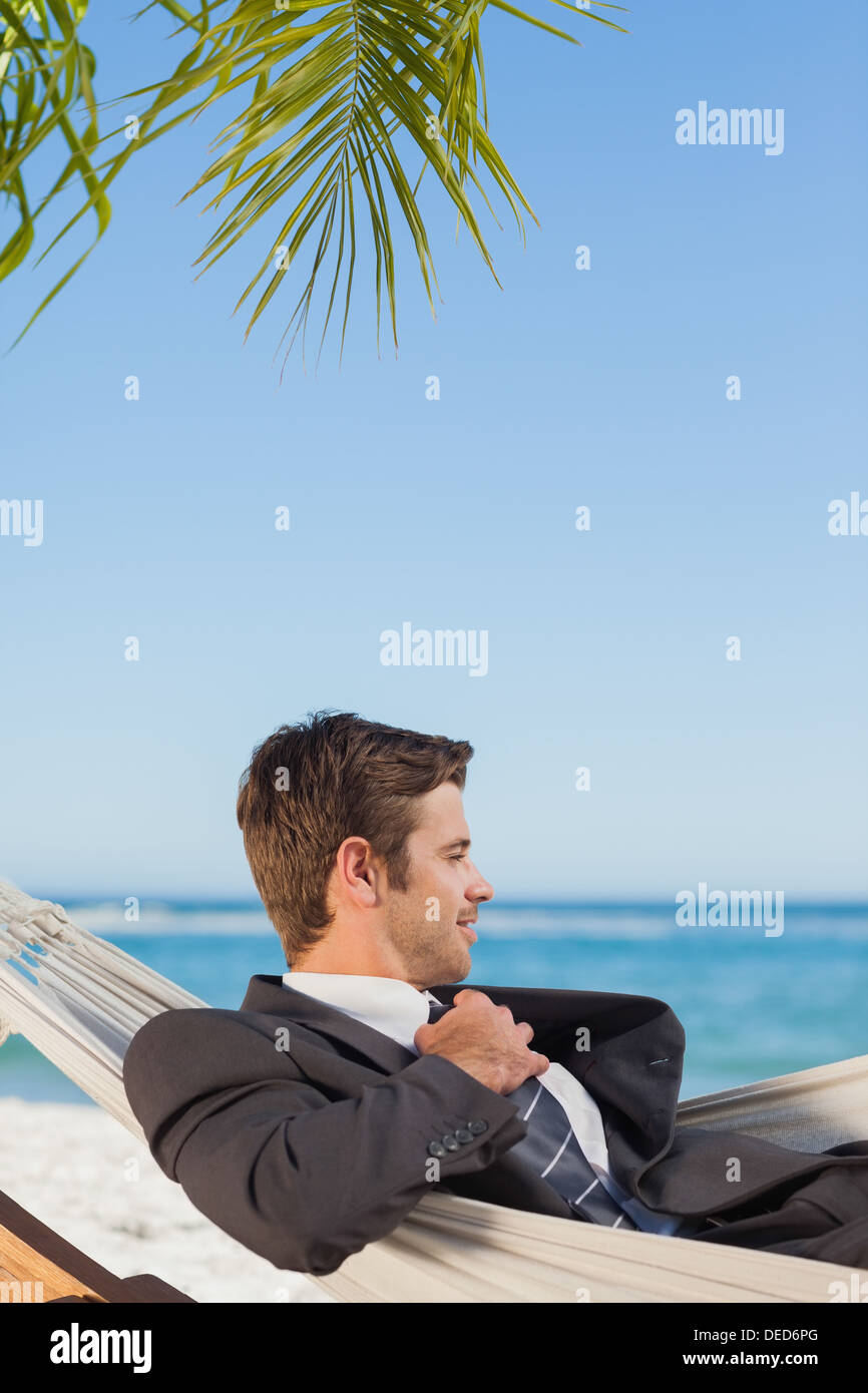 Businessman lying in hammock Banque D'Images