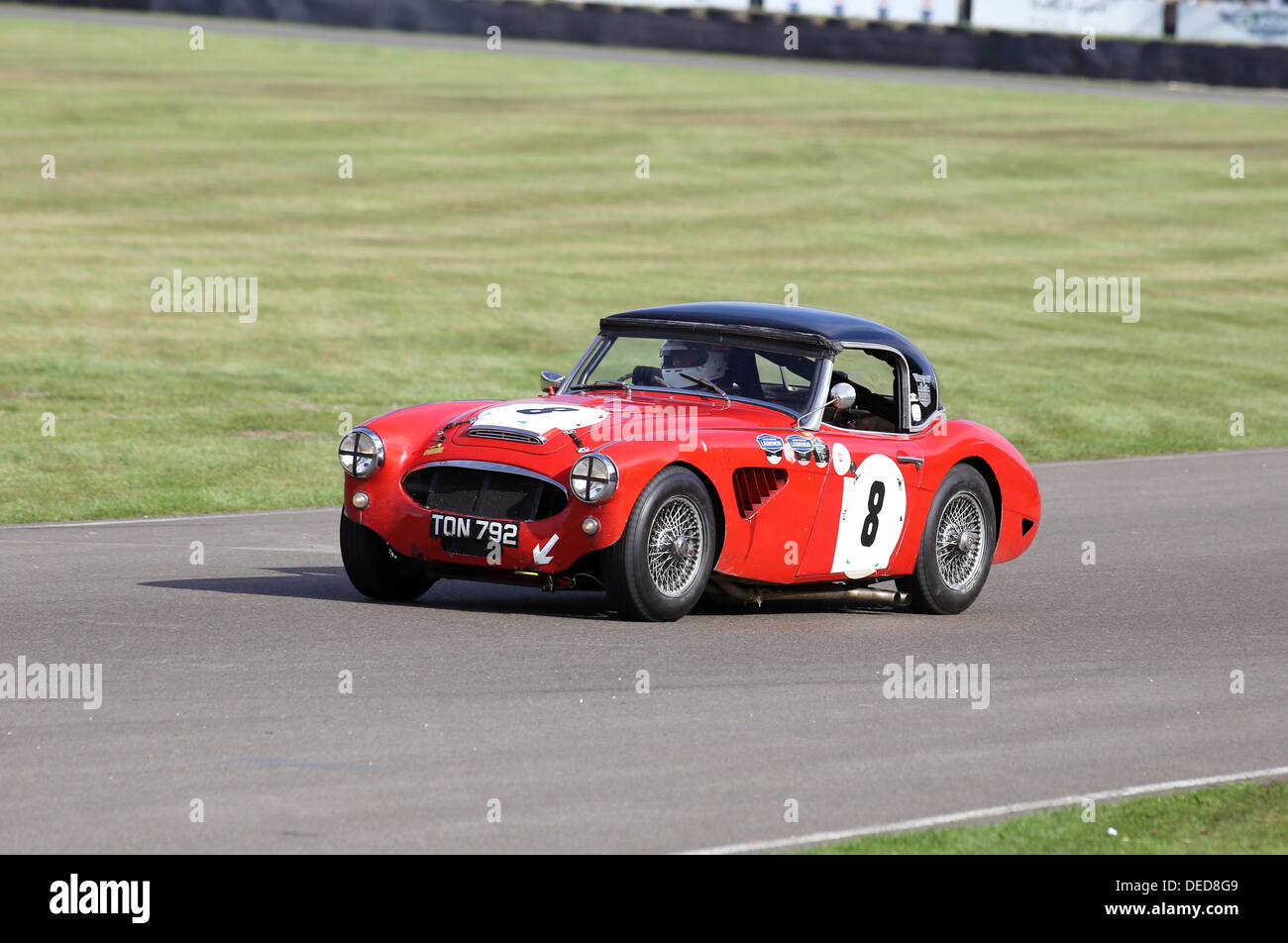 Chichester, UK . 15e Août, 2013. Goodwood Revival 2013 au Goodwood Motor Circuit - Photo montre David Smithies in a Red 1956 Austin Healy 100/6 pendant le Fordwater Trophy, une course de 25 minutes pour la production en fonction des voitures de sport et GT que la race entre 1955 et 1960. © Oliver Dixon/Alamy Live News Banque D'Images