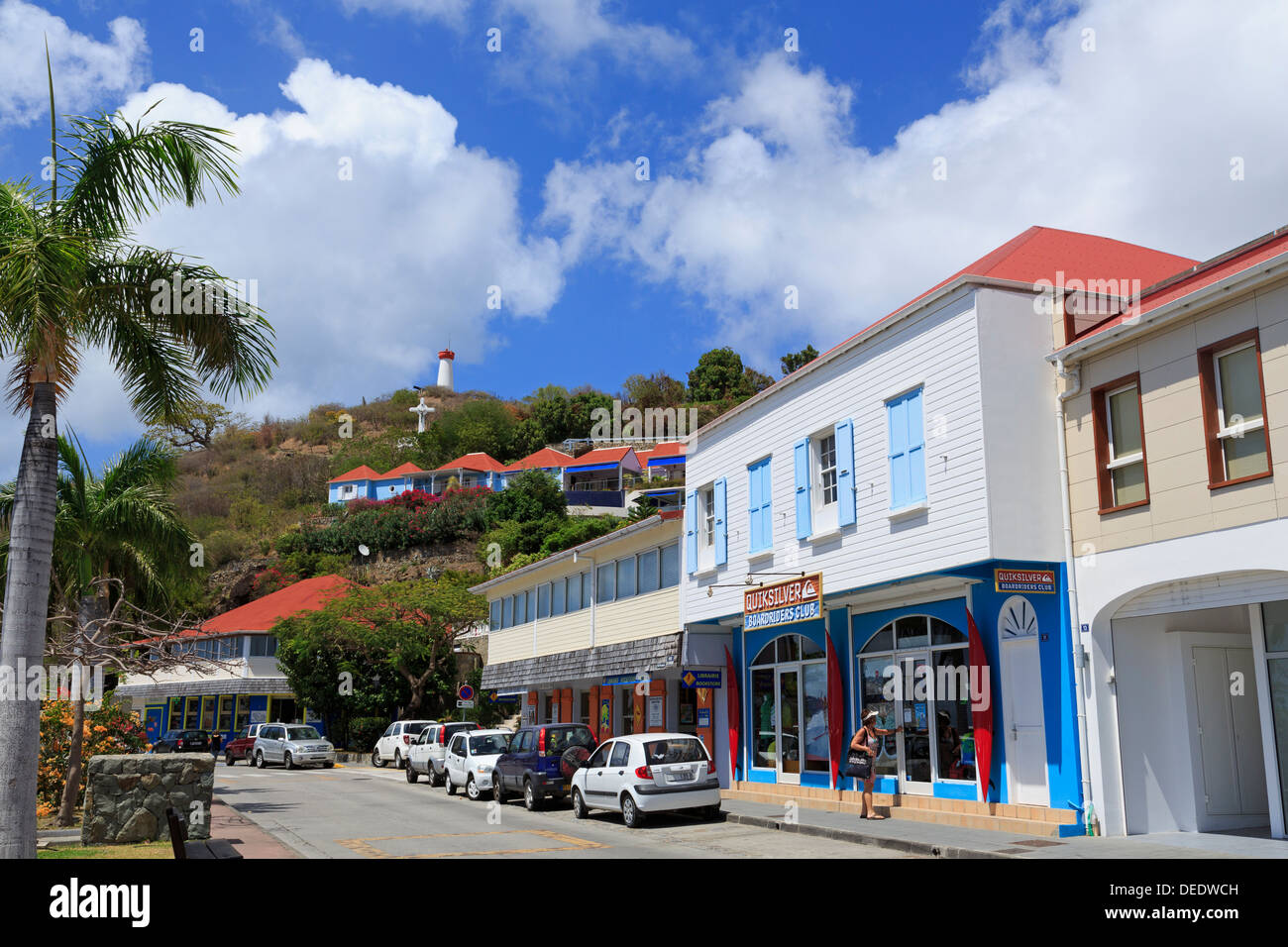 Rue de la République à Gustavia, Saint Barthélemy (St. Barth), les îles sous le vent, Antilles, Caraïbes, Amérique Centrale Banque D'Images