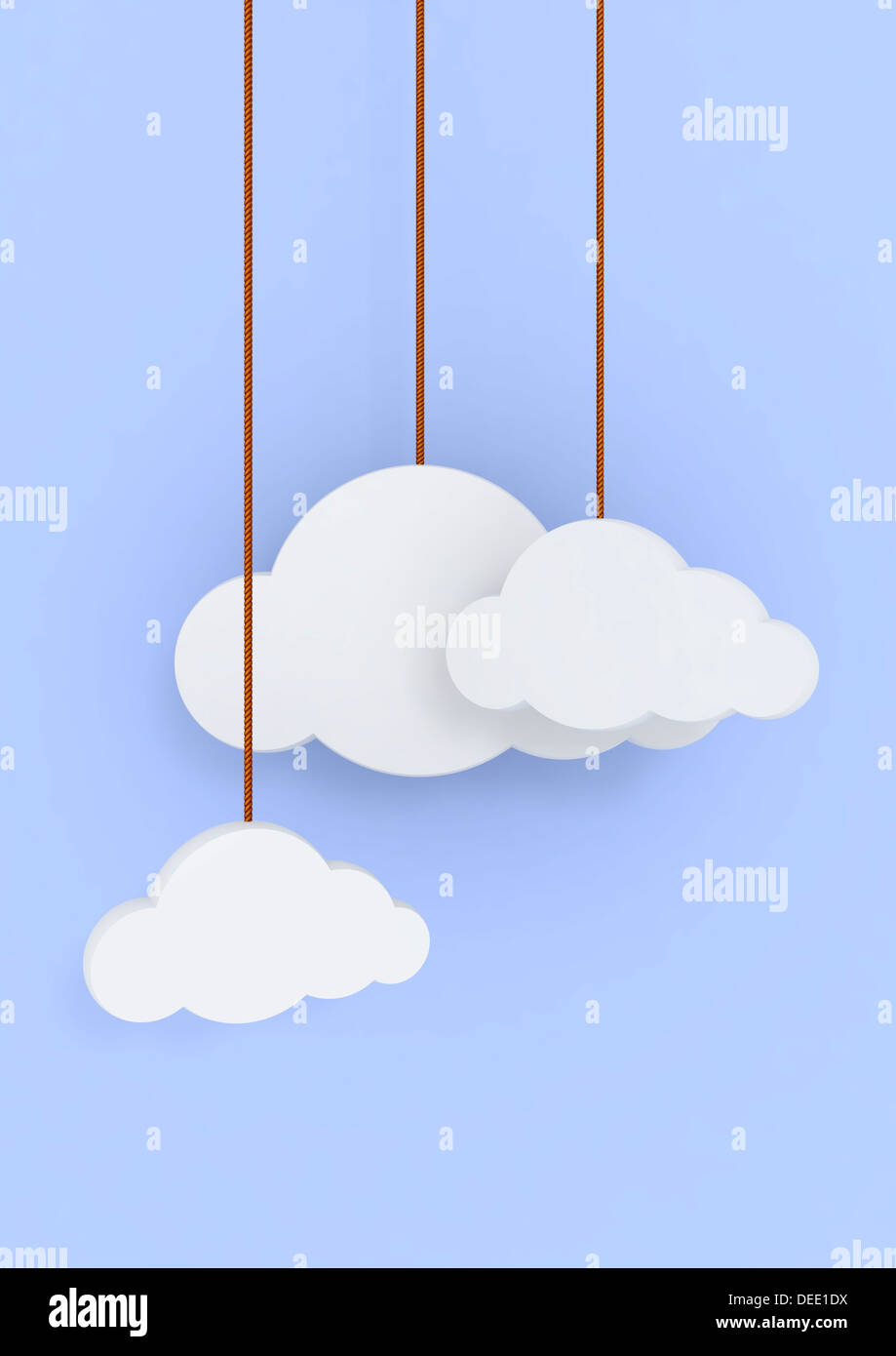 Illustration de nuages accroché sur corde avec un ciel bleu Banque D'Images