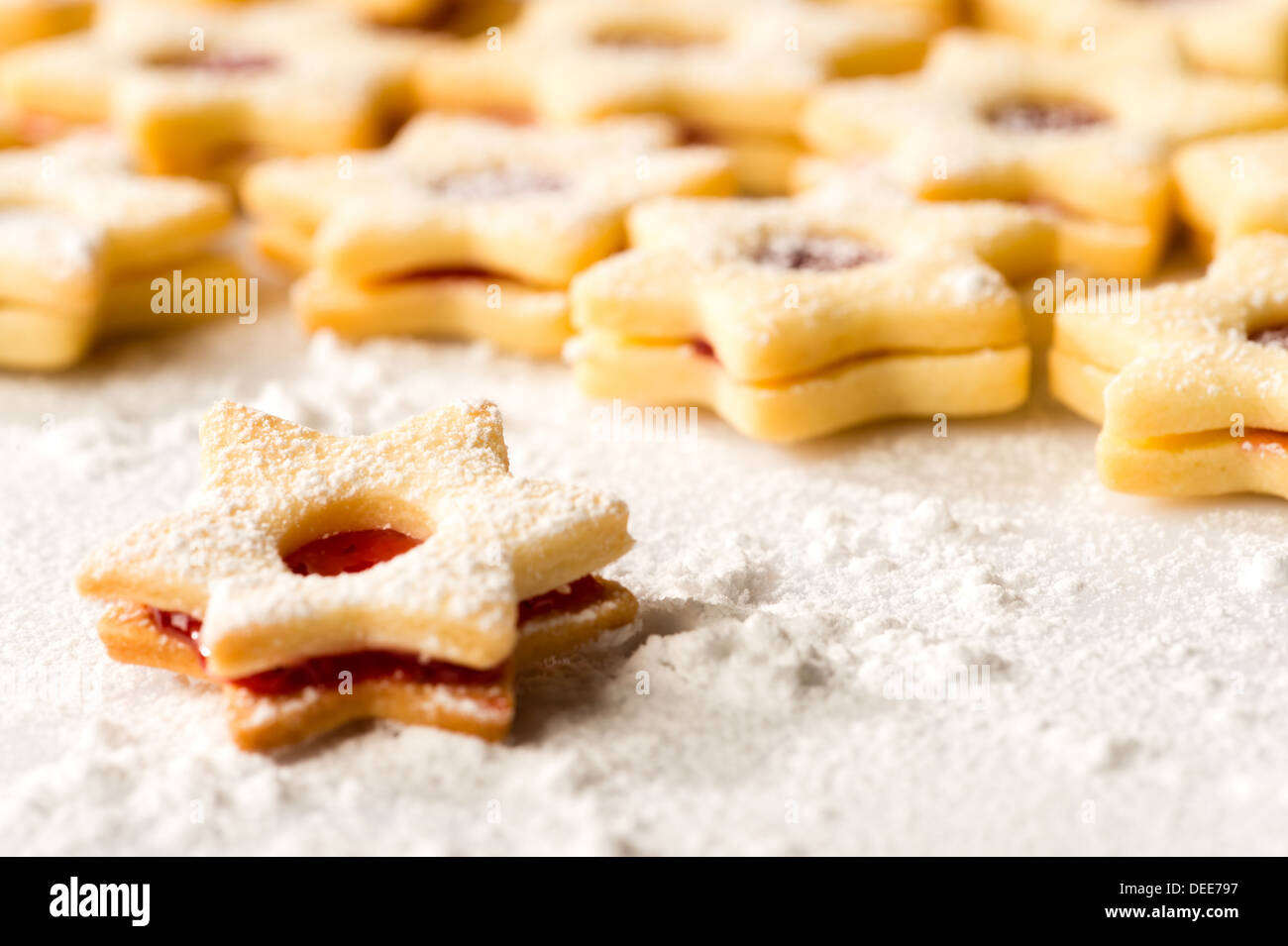 Étoiles de biscuit de Noël gingerbread frais cuit de sucre en poudre Banque D'Images