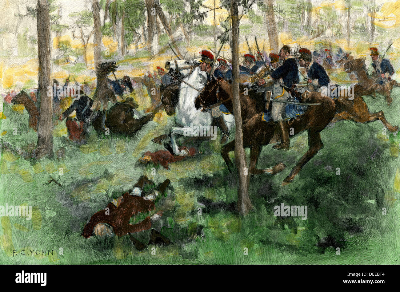 Charge de cavalerie américaine couvrant en retraite à la bataille de Hobkirk's Hill, guerre révolutionnaire, 1781. La main, d'une demi-teinte C.F. Yohn illustration Banque D'Images