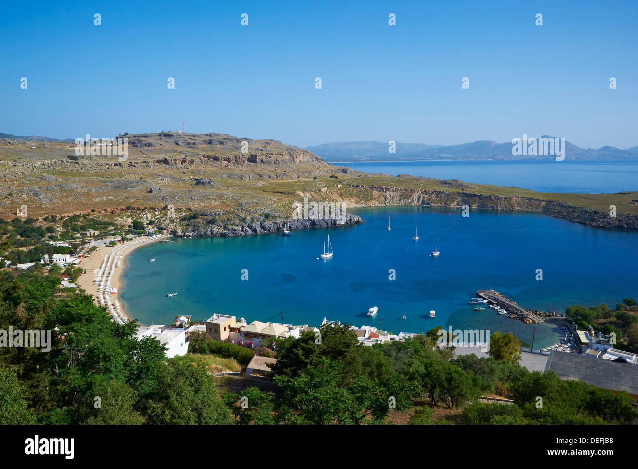 Plage de Lindos, Lindos, Rhodes, Dodécanèse, îles grecques, Grèce, Europe Banque D'Images