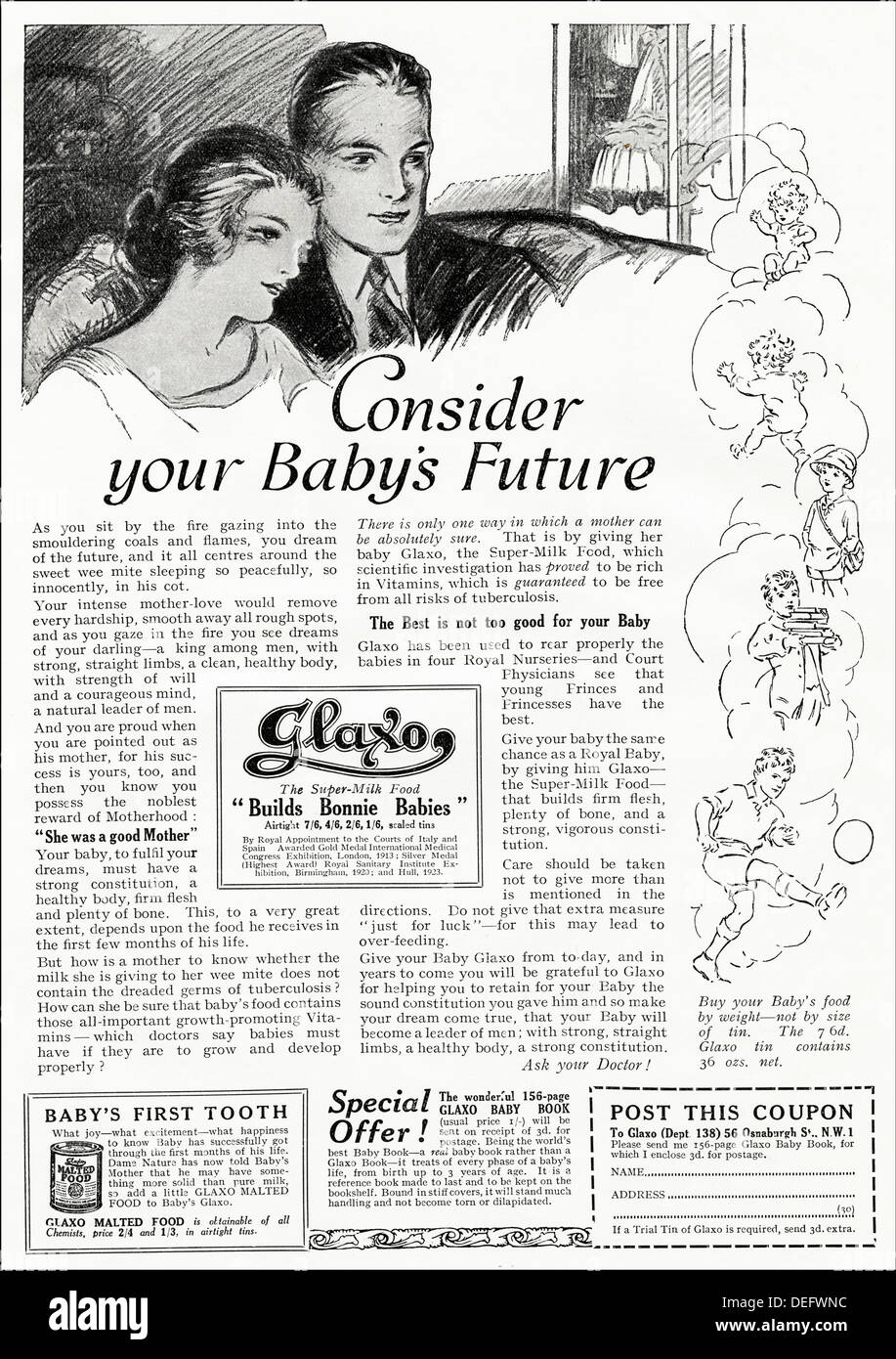 Publicité Publicité originale des années 1920 LAIT GLAXO Aliments pour bébés, revues de consommateurs annonce vers 1924 Banque D'Images