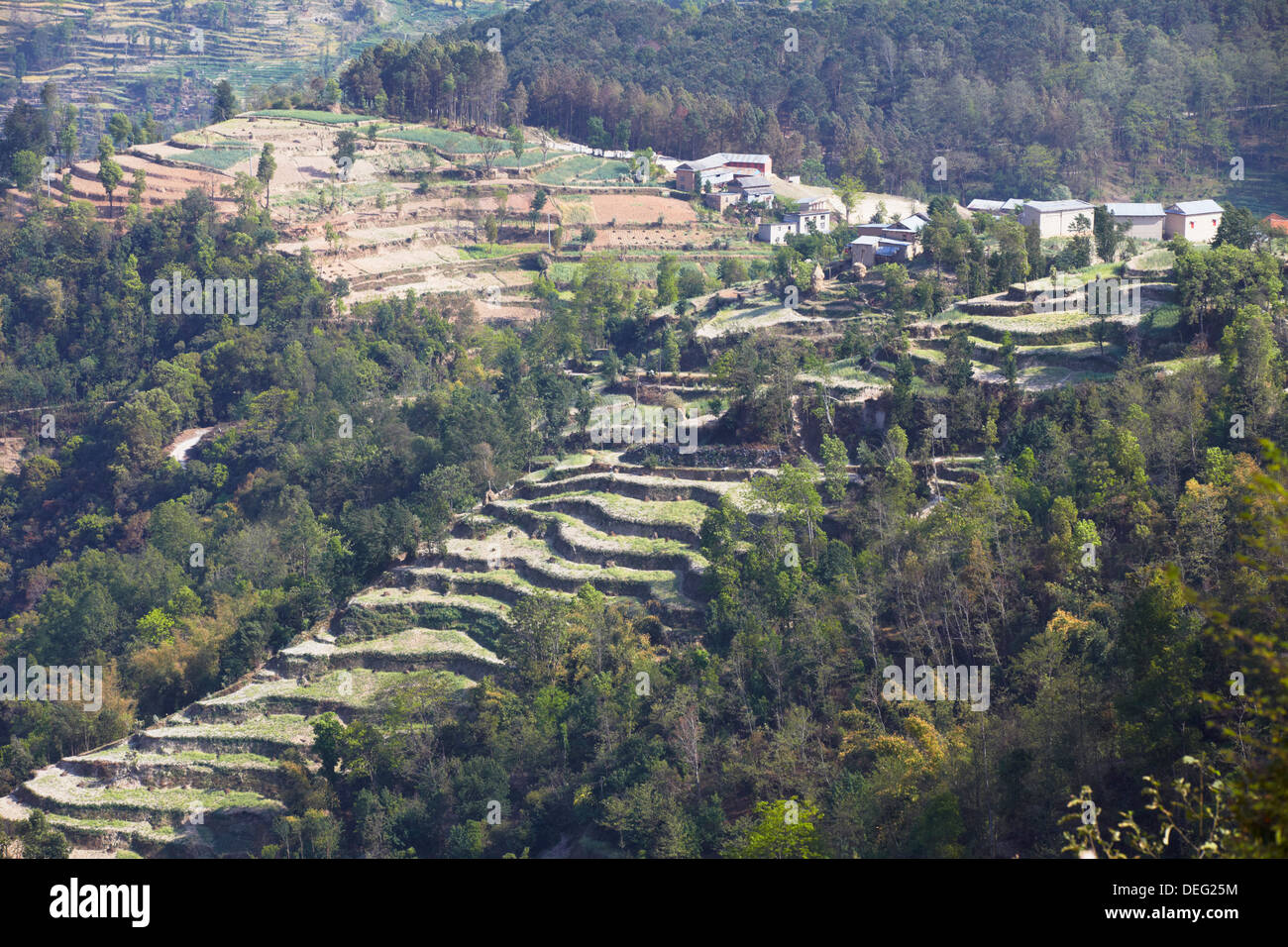 Village sur une colline et champs en terrasses, Dhulikhel, Vallée de Kathmandou, Népal, Asie Banque D'Images