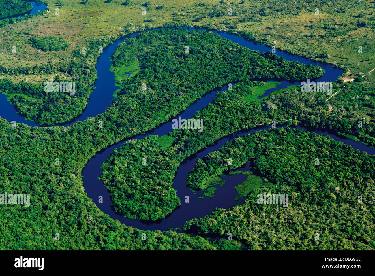 Brésil, Pantanal : Vue aérienne de la rivière Claro et pluie forêt près de Poconé Banque D'Images