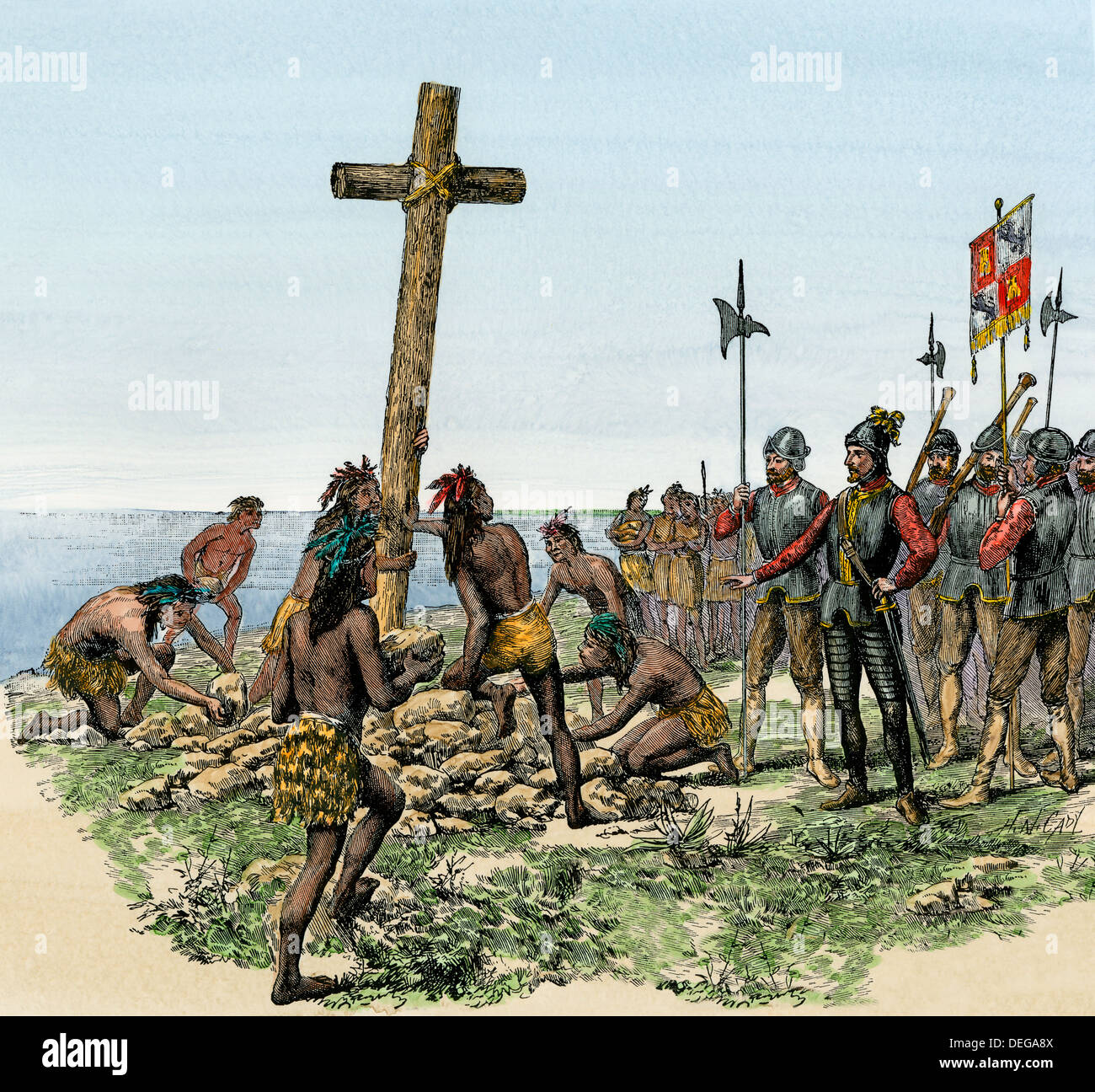 L'expédition de Balboa élever une croix sur la rive de l'océan Pacifique, 1513. À la main, gravure sur bois Banque D'Images