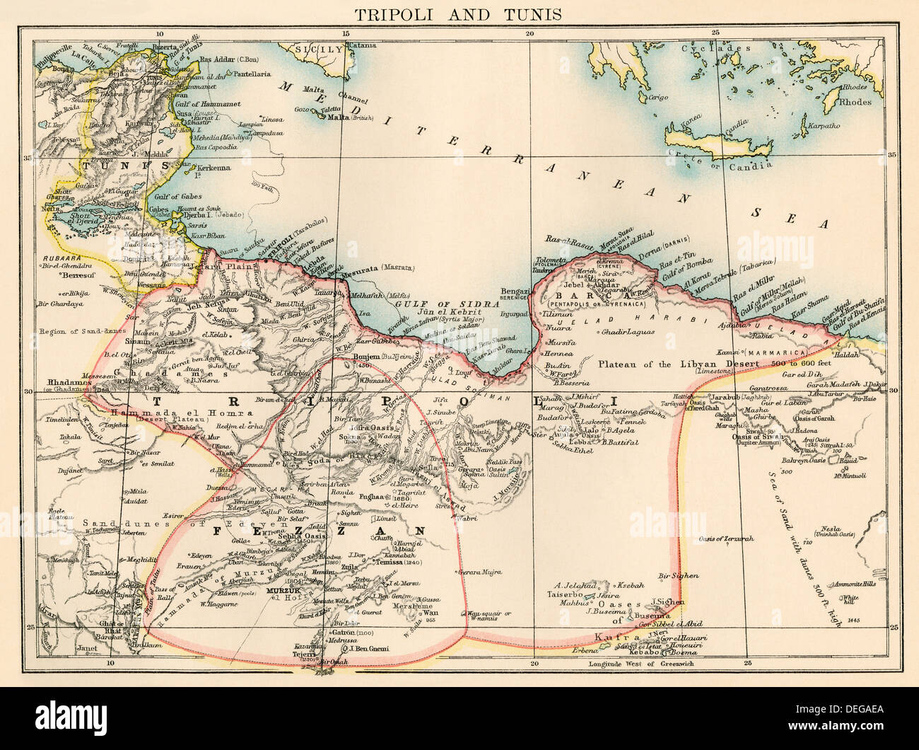 Plan de Tripoli (Libye) et de Tunis, 1870. Lithographie couleur Banque D'Images