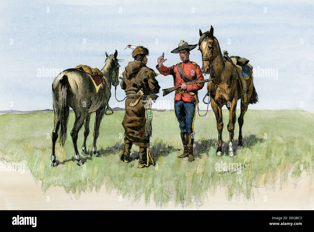 Mountie canadien voyageant un avertissement sur les plaines du nord, fin des années 1800. À la main, gravure sur bois, d'une illustration Frederic Remington Banque D'Images
