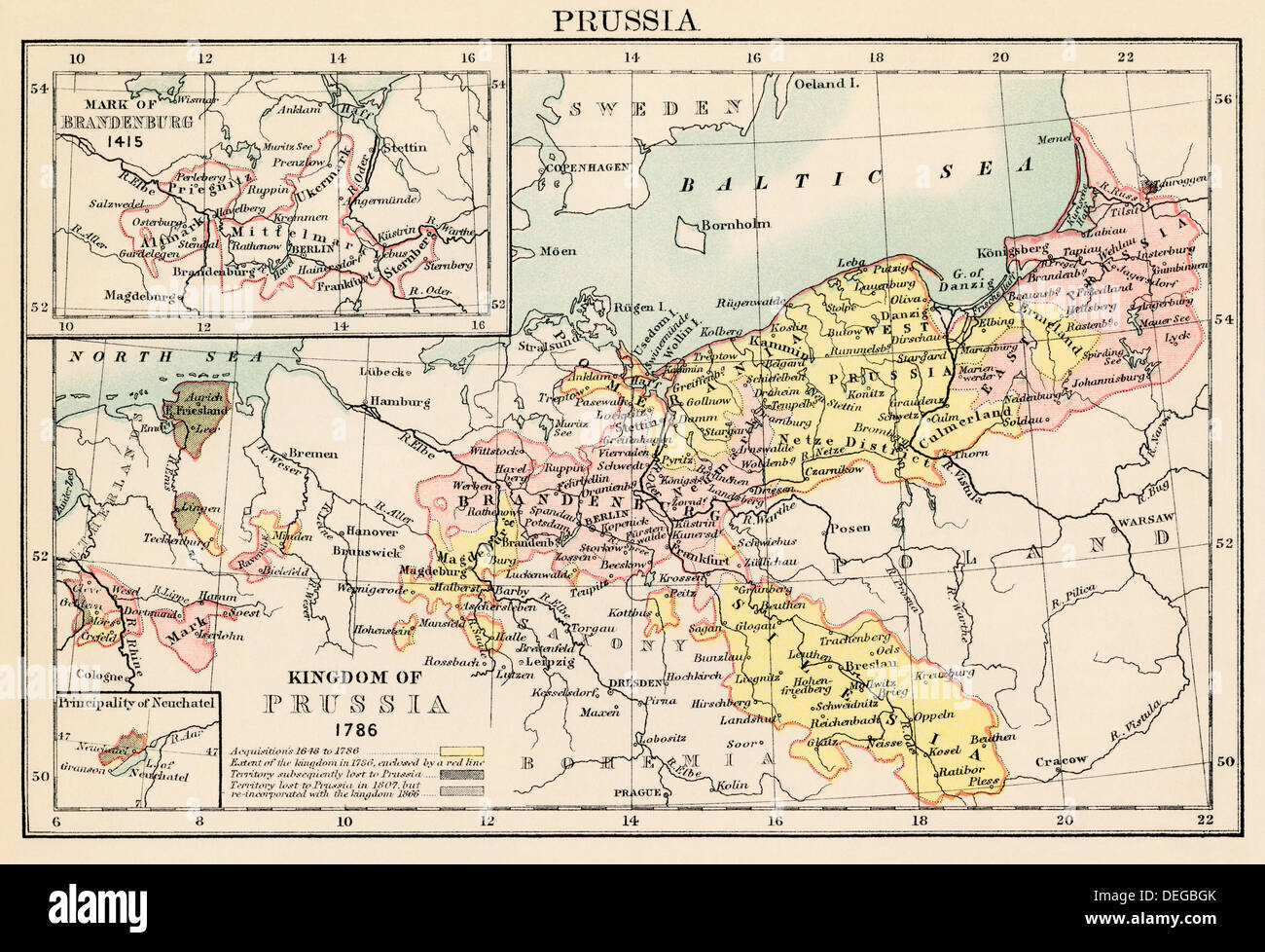 Carte du royaume de Prusse en 1786, et de Brandebourg en 1415. Lithographie couleur Banque D'Images