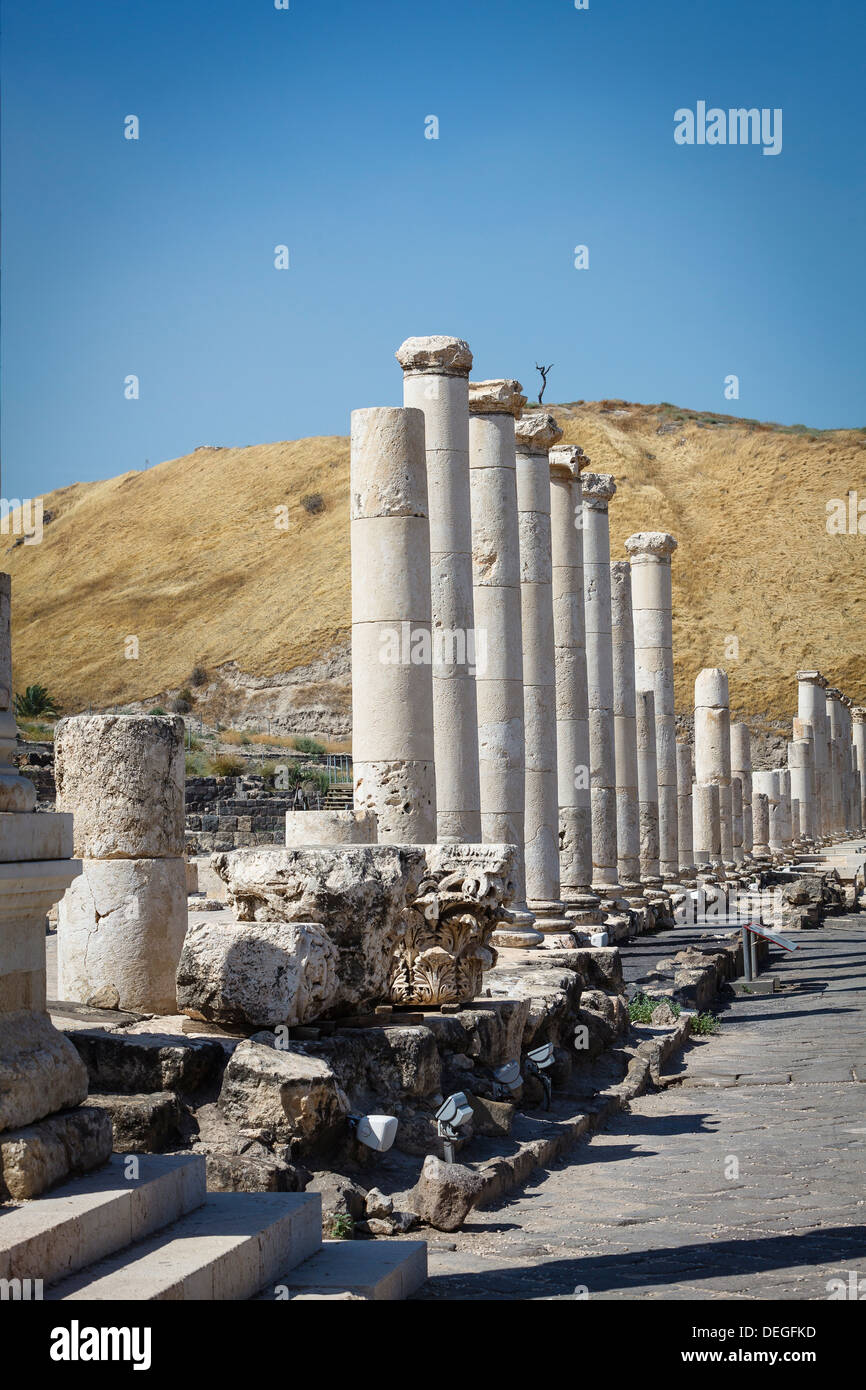 Ruines de l'Roman-Byzantine ville de Scythopolis, tel le parc national de Beit Shean, Beit Shean, Israël, Moyen Orient Banque D'Images