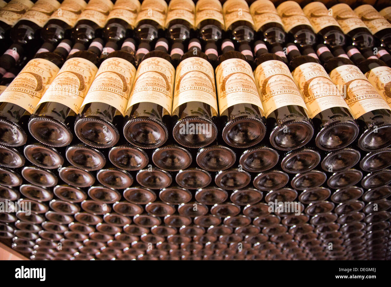 Les bouteilles de vin en cave, Monteriggioni, Province de Sienne, Toscane, Italie Banque D'Images