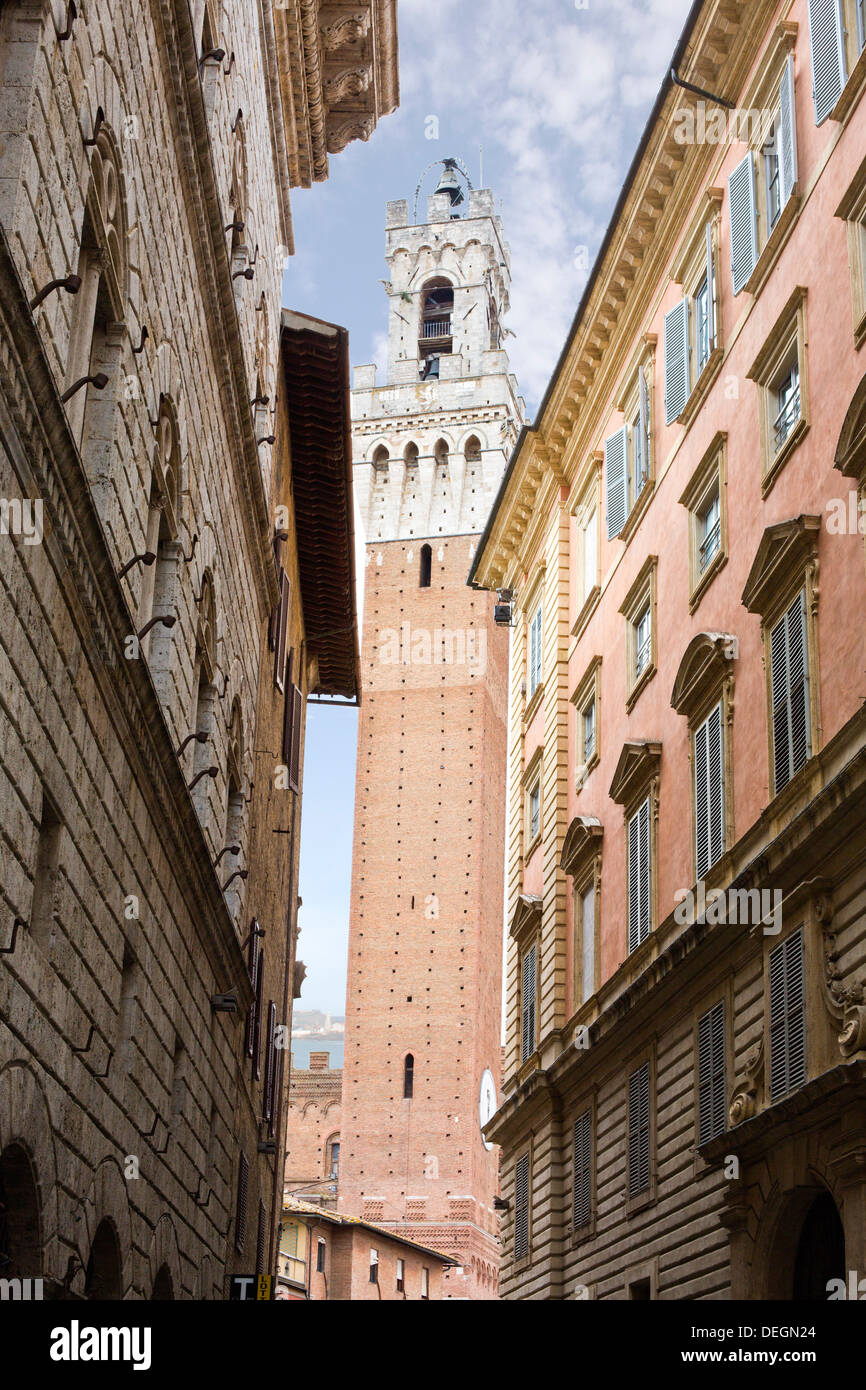 Dans une ville, la tour Torre del Mangia, le Palazzo Pubblico, Piazza del Campo, Sienne, Toscane, Italie Banque D'Images