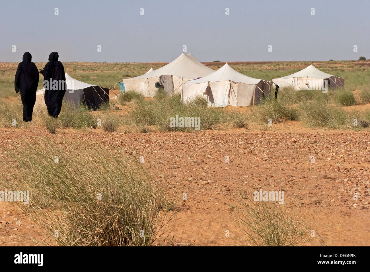 Deux femmes de la famille nomade, portant la robe traditionnelle mauritanienne, mulafa, marcher jusqu'à leur accueil dans le désert sous tente Banque D'Images