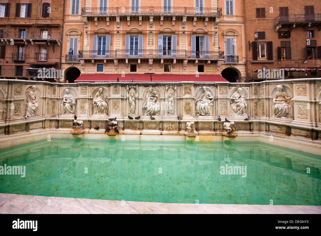 Fontaine à une place de la ville, Fonte Gaia, la Piazza del Campo, Sienne, Toscane, Italie Banque D'Images