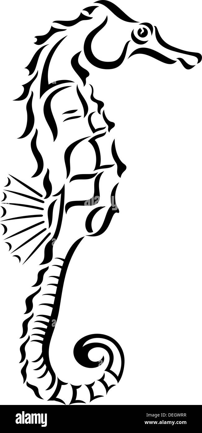 Noir et blanc stylisé de l'icône un hippocampe sur fond blanc Banque D'Images