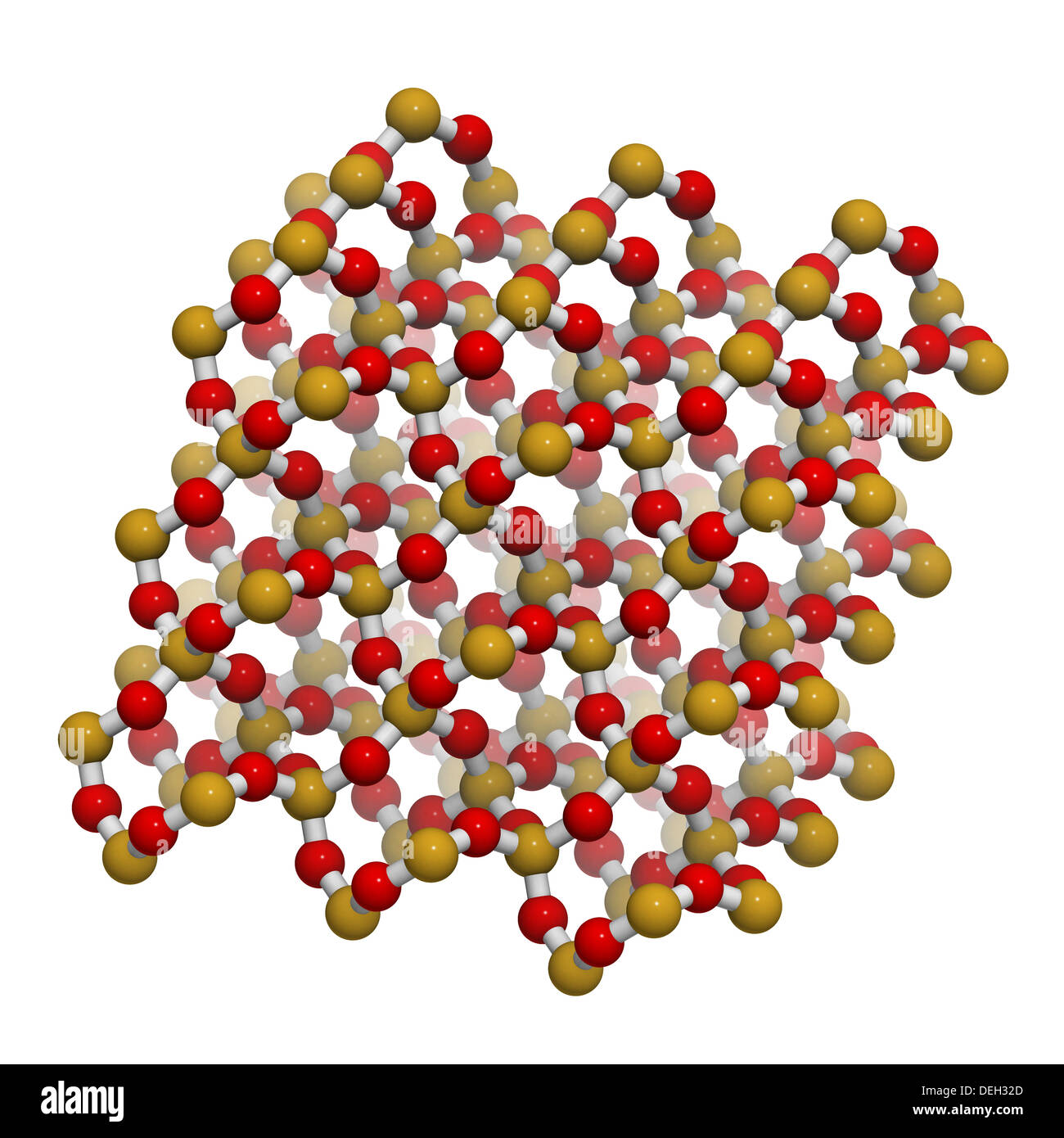 Quartz (un-quartz, SiO2), structure cristalline. Les atomes sont représentés comme des sphères avec codage couleur classiques Banque D'Images