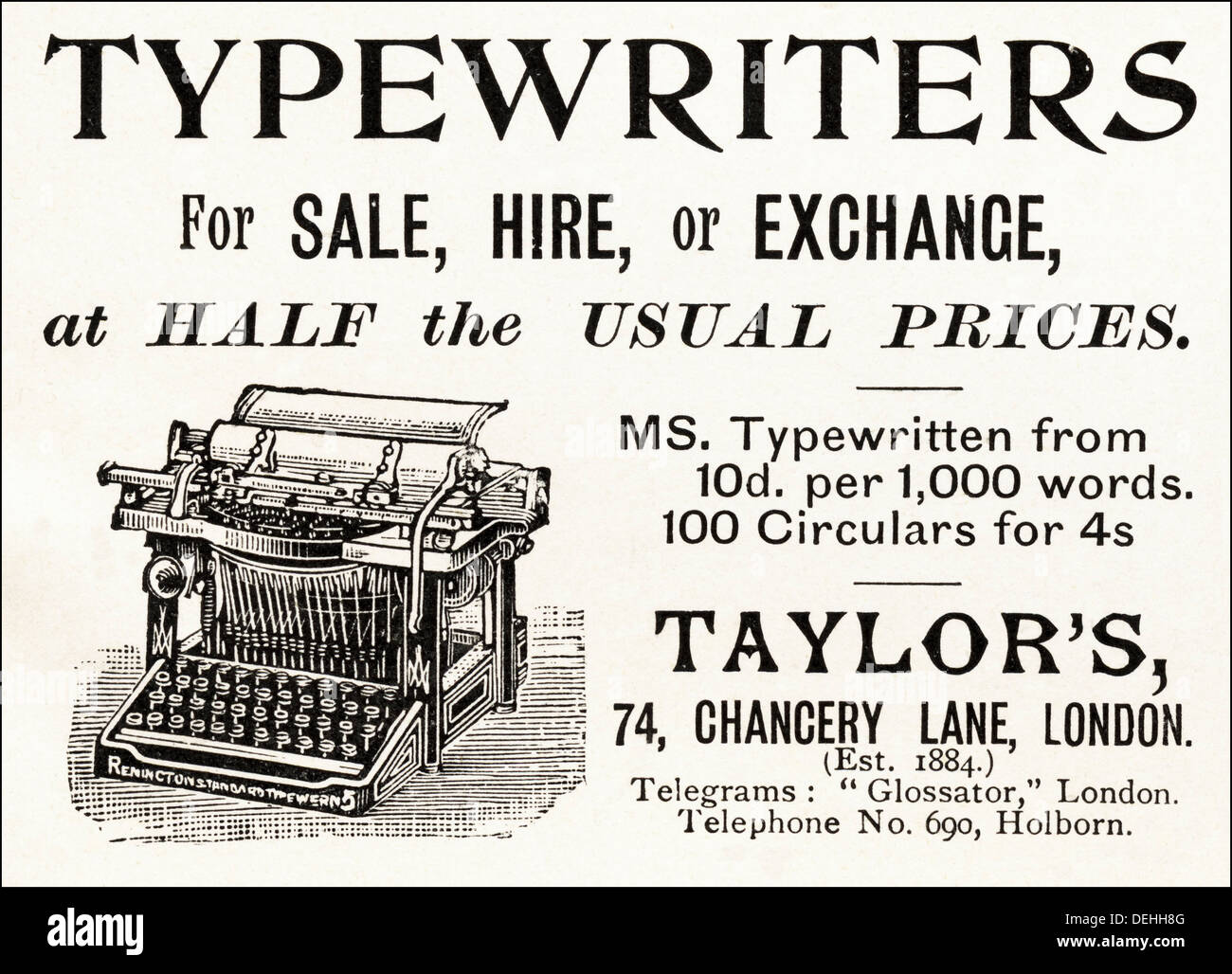 1890 Original vintage Victorian Publicité Publicité Publicité MACHINES À ÉCRIRE, de Taylor vers 1898 Banque D'Images