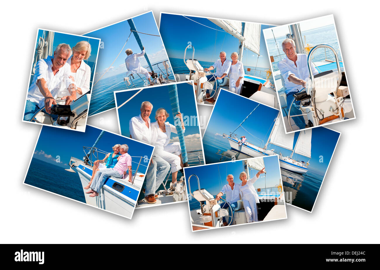 Un heureux couple sailing supérieurs à la retraite un voilier ou yacht sur une mer bleu calme, sourire et rire ensemble Banque D'Images