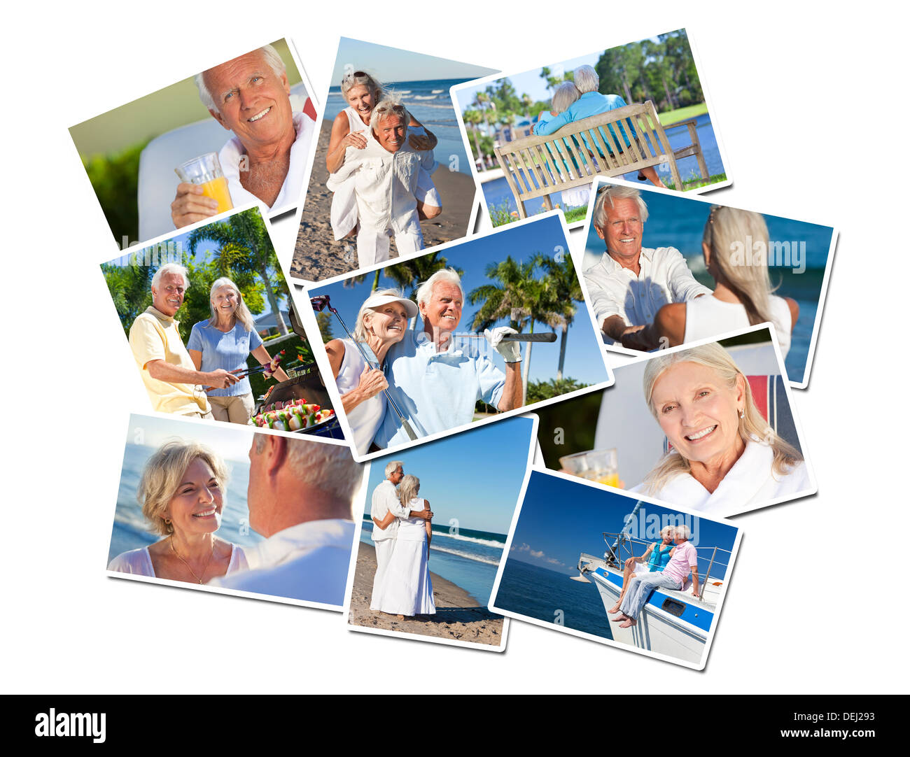 Bonne retraite senior homme & femme couples romantique active vacances ensemble dans le soleil d'été sur la plage, voile, jouer au golf Banque D'Images