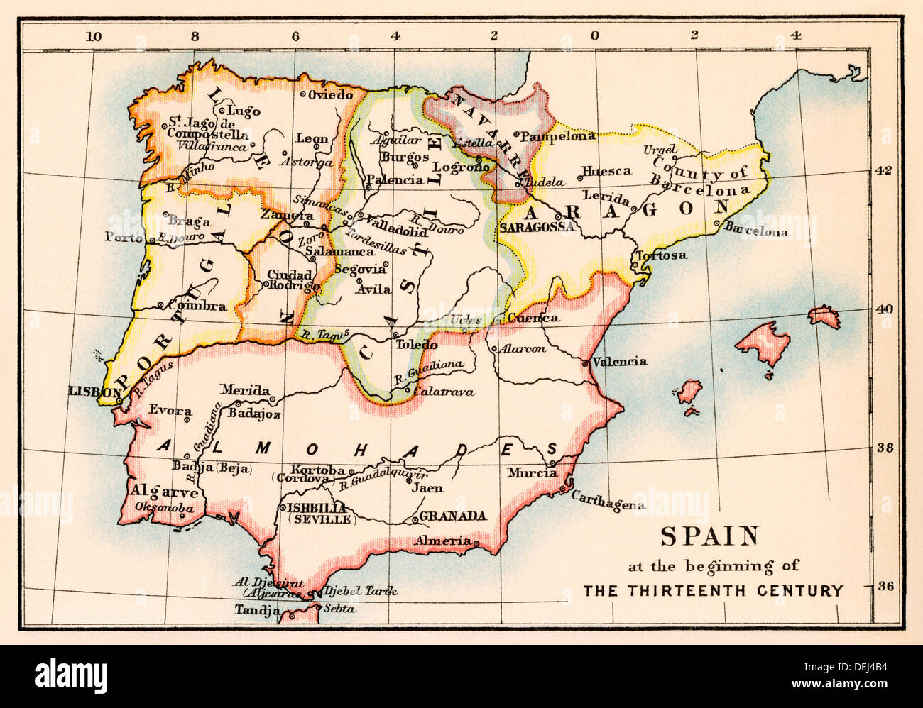 Carte de la péninsule ibérique sous les Maures, 13e siècle. Lithographie couleur Banque D'Images