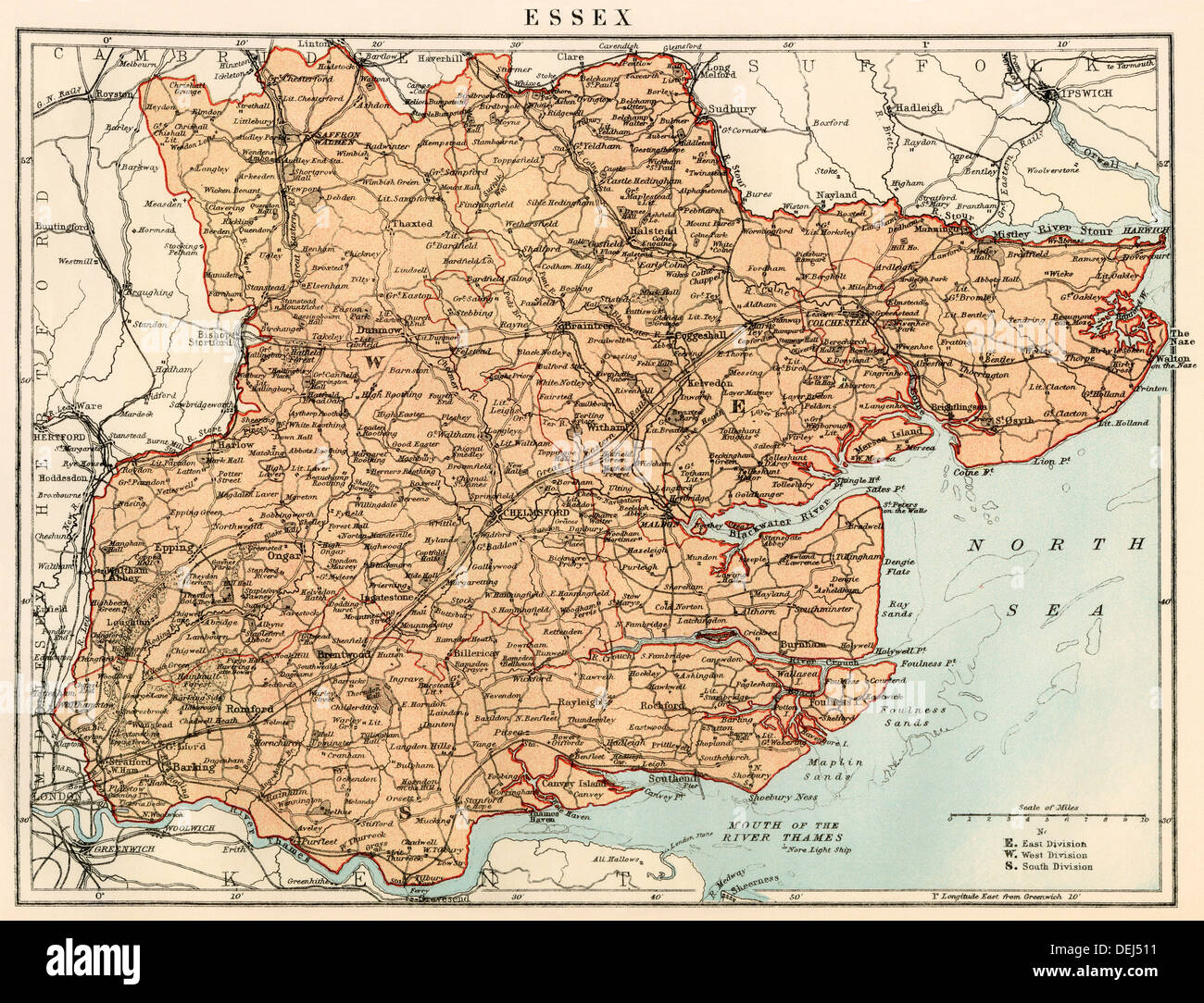 Carte de l'Essex, Angleterre, 1870. Lithographie couleur Banque D'Images Carte de l'Essex, Angleterre, 1870. Lithographie couleur Banque D'Images