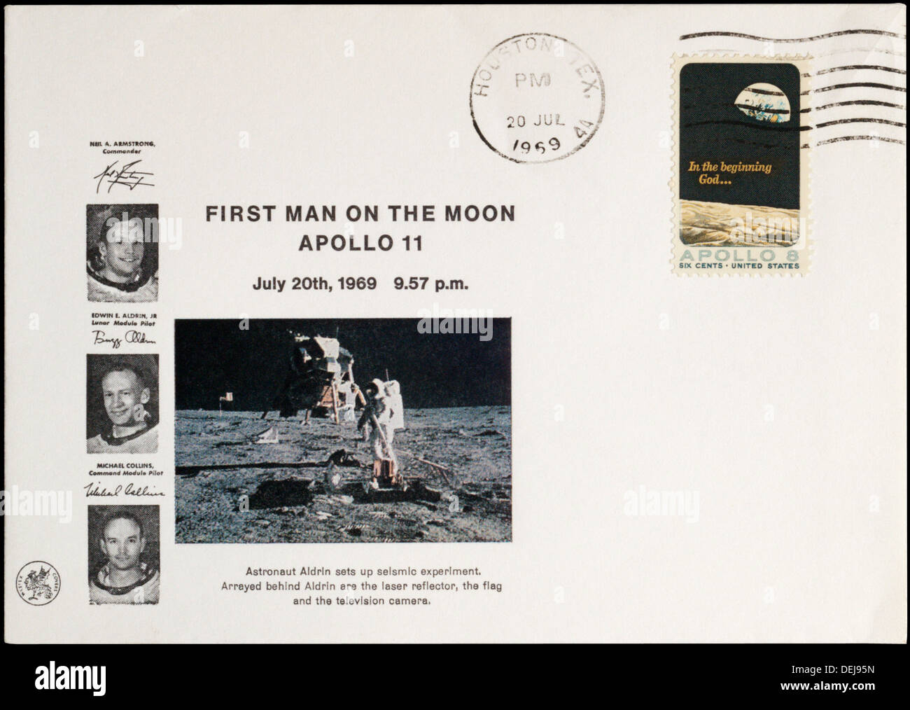 Couverture commémorative américain pour le premier homme sur la lune, oblitérée à Houston. Banque D'Images