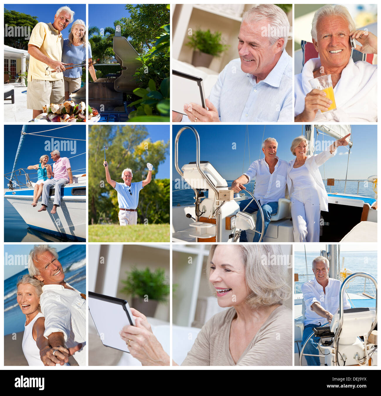 Heureux retraités hommes femmes des couples de vie actif vacances romantique soleil d'été navigation & using tablet computer Banque D'Images