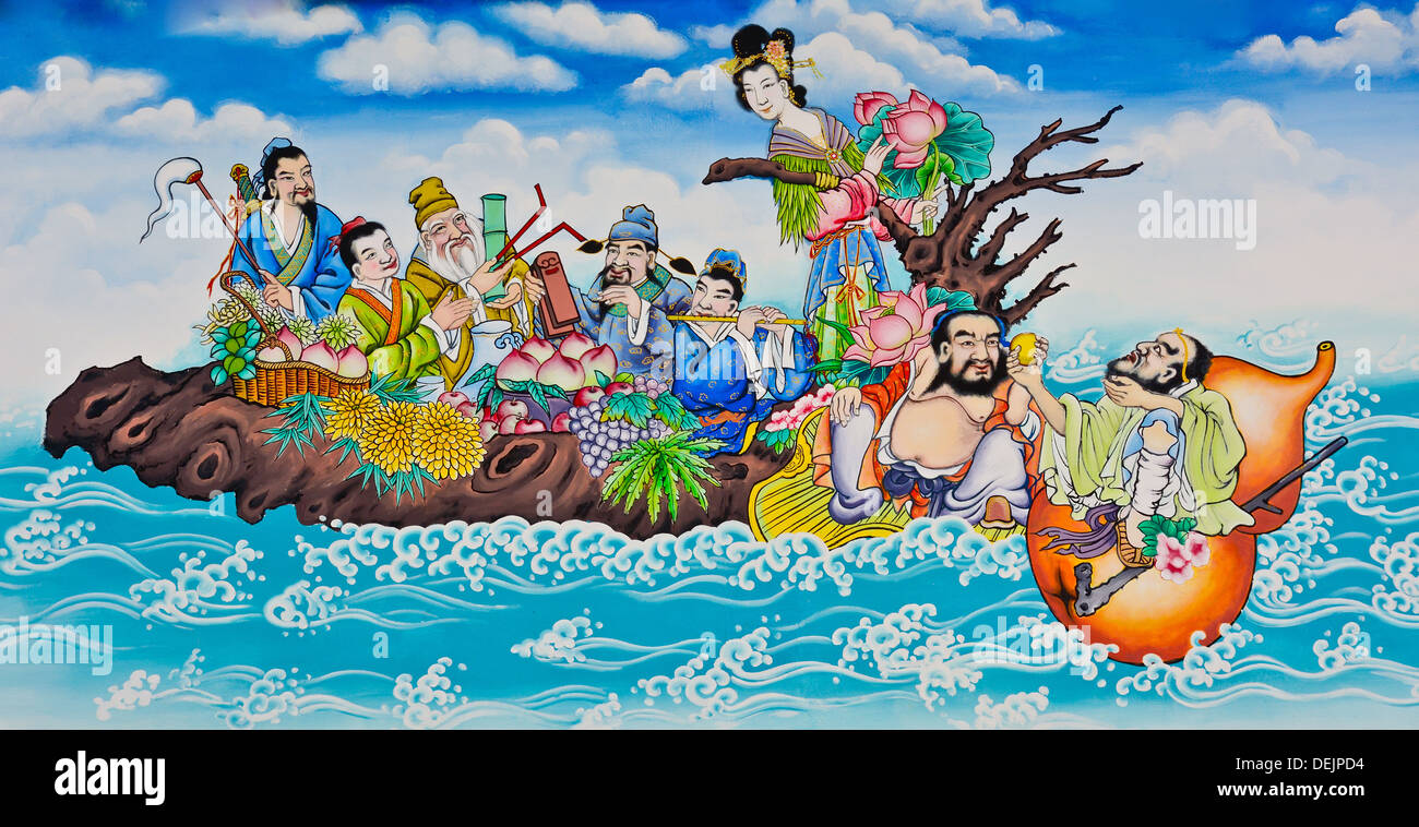 Huit immorals traversant la mer traditionnel paiting sur le mur Banque D'Images