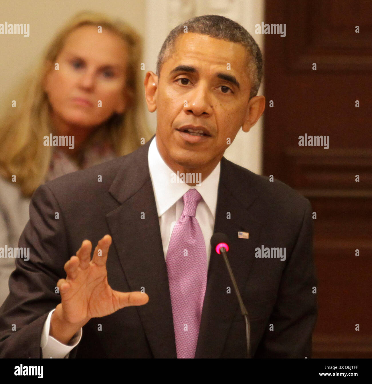 Washington DC, USA. 19e Septembre, 2013. Le président des États-Unis Barack Obama prononce une allocution lors d'une réunion de son conseil d'exportation dans le Eisenhower Executive Office Building à Washington, DC Le 19 septembre 2013. Crédit : Yuri Gripas / Piscine via CNP Crédit : afp photo alliance/Alamy Live News Banque D'Images