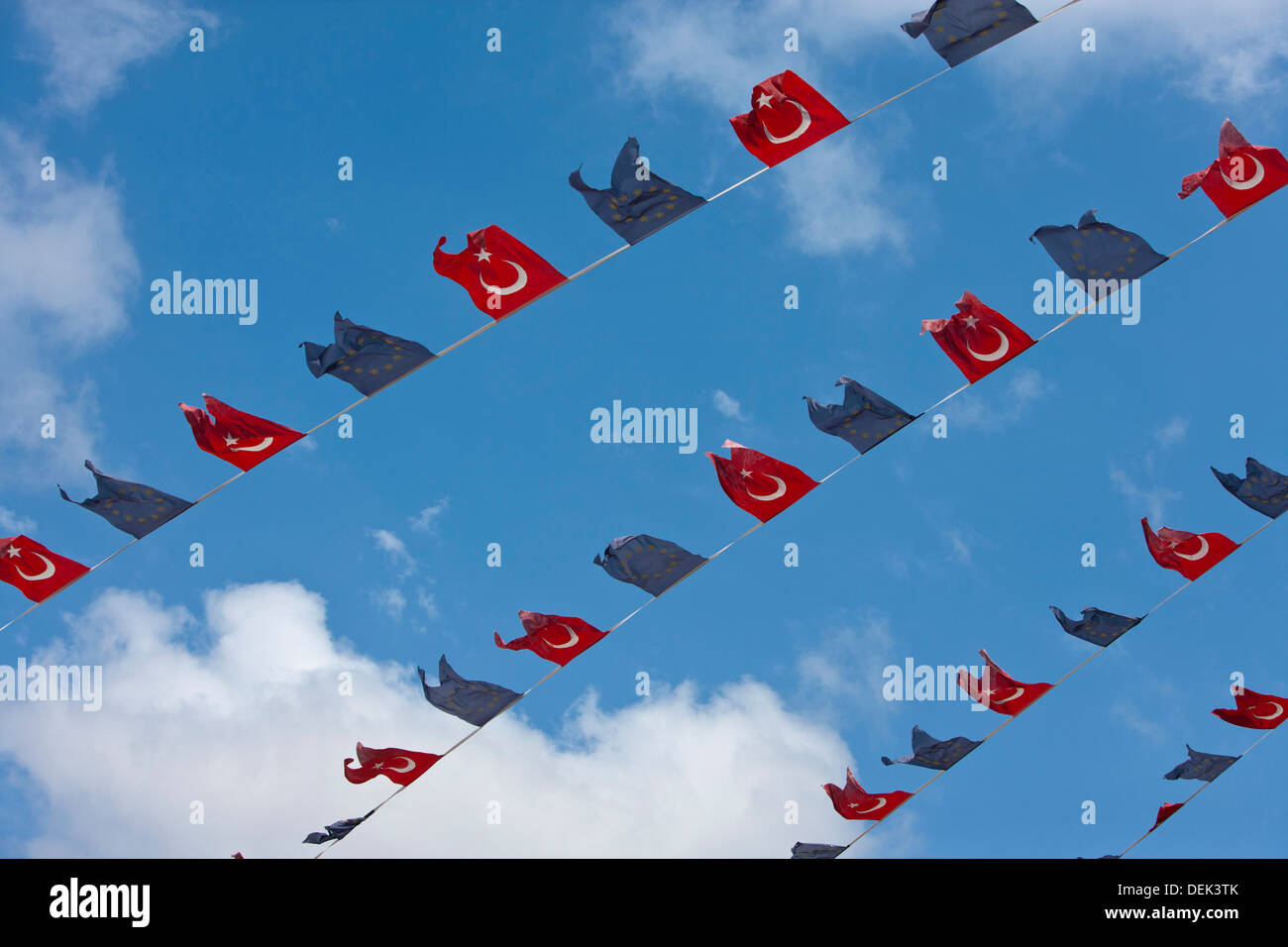 Vue rapprochée de l'UE Turquie bunting contre ciel clair Banque D'Images