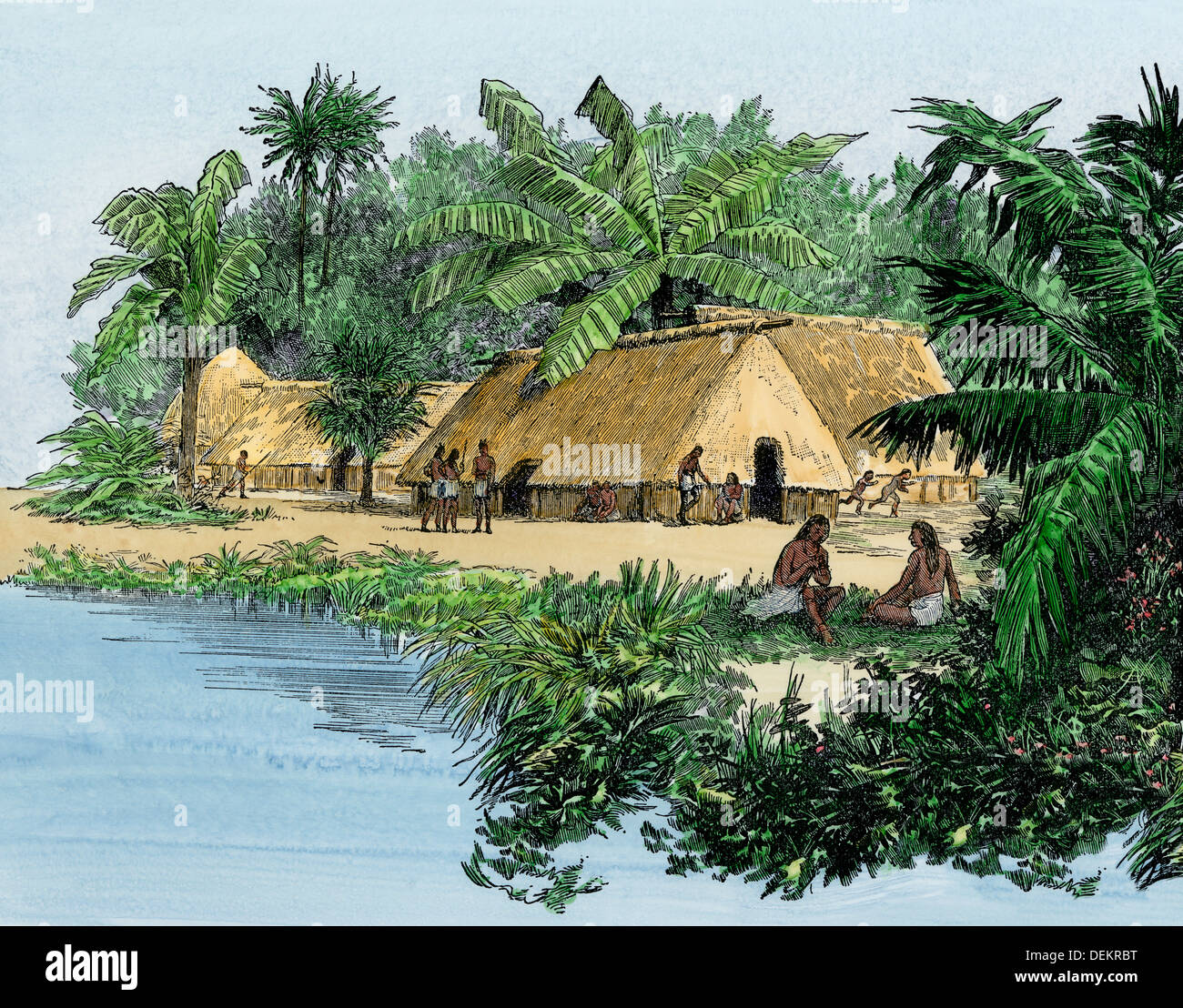 Village natal au Panama au moment de l'expédition de Balboa, début des années 1500. À la main, gravure sur bois Banque D'Images