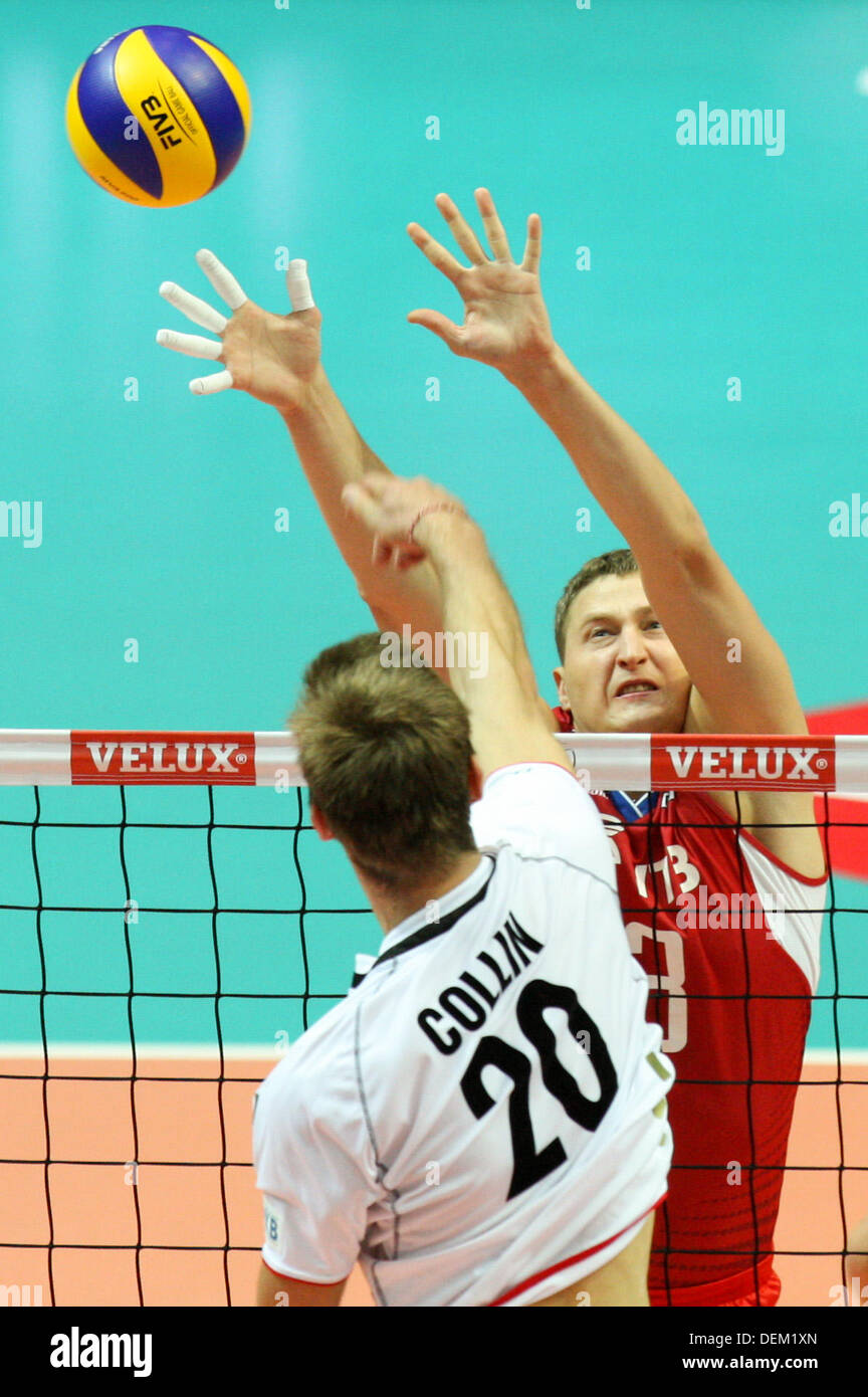 20 septembre 2013 - 20.09.2013, Gdynia, siatkowka, volley-ball, Mistrzostwa Europy w pilce siatkowej, 2013 Eurovolley 2013, Rosja - Allemagne, Russie - Allemagne, Philipp Collin (GER), Nikolay Apalikov (RUS), fot. Tomasz Jastrzebowski / Foto Olimpik Banque D'Images