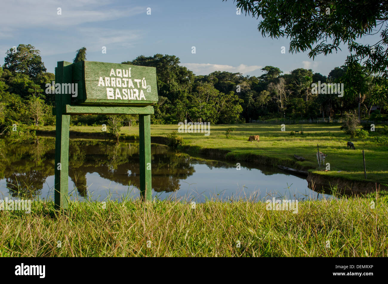 Poubelle pour rainforest communauté, Rio Napo, Amazon, Pérou Banque D'Images