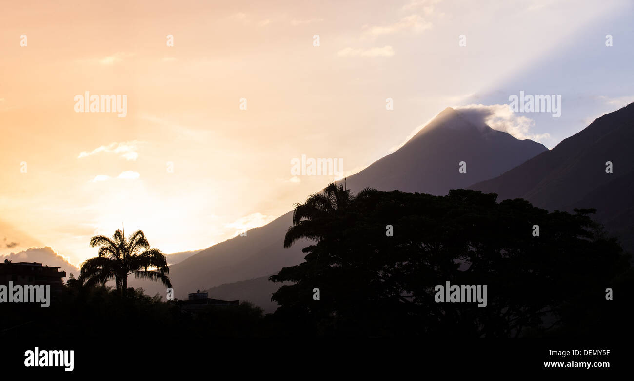CARACAS - circa 2013 : Coucher de soleil à l'Avila, avec un Palm et de nuages Banque D'Images