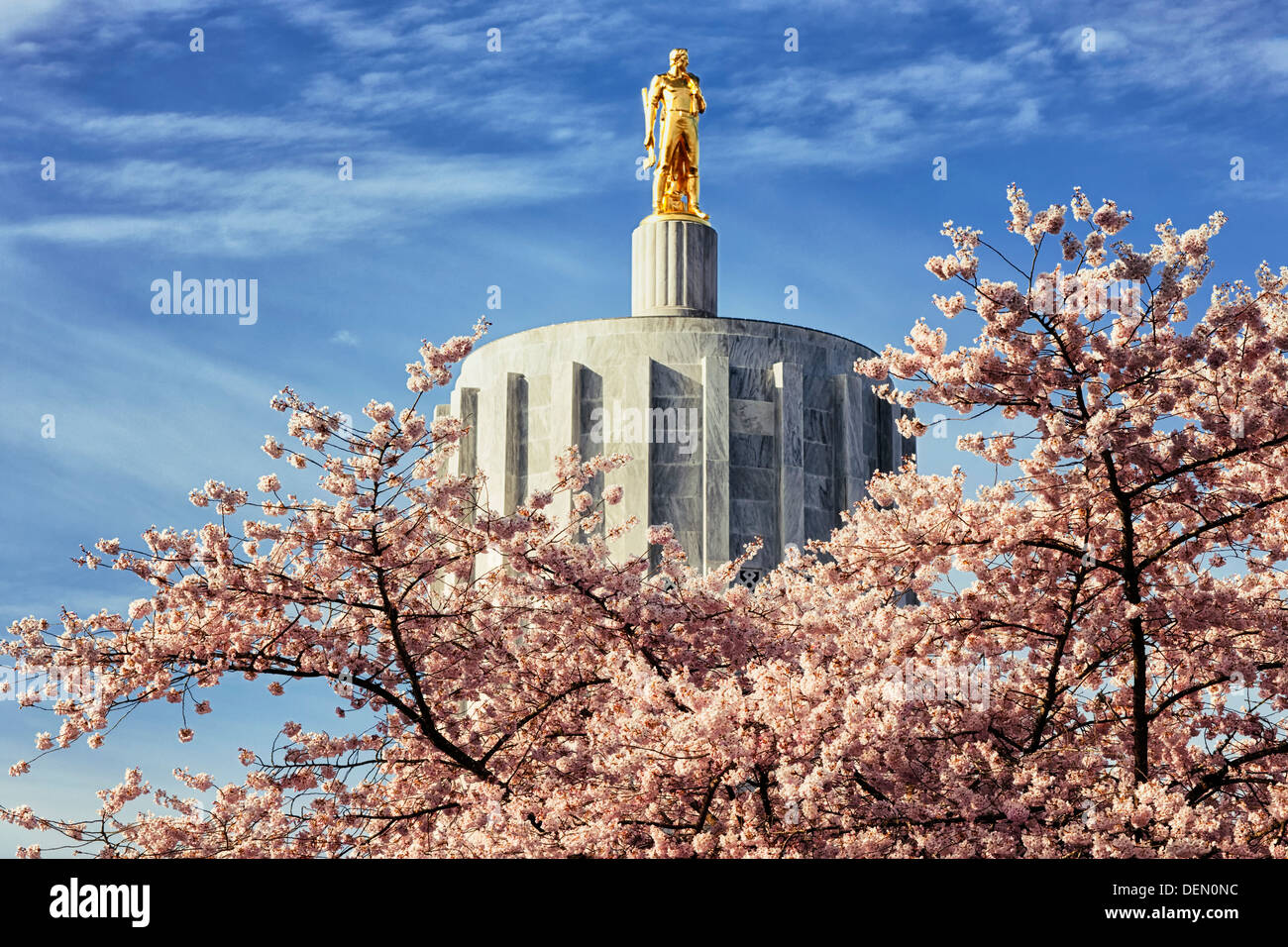 Fleurs de Printemps la trame 22 pieds de hauteur au sommet de la statue d'or pioneer Oregon's Capitol Building sur la ville de Salem. Banque D'Images