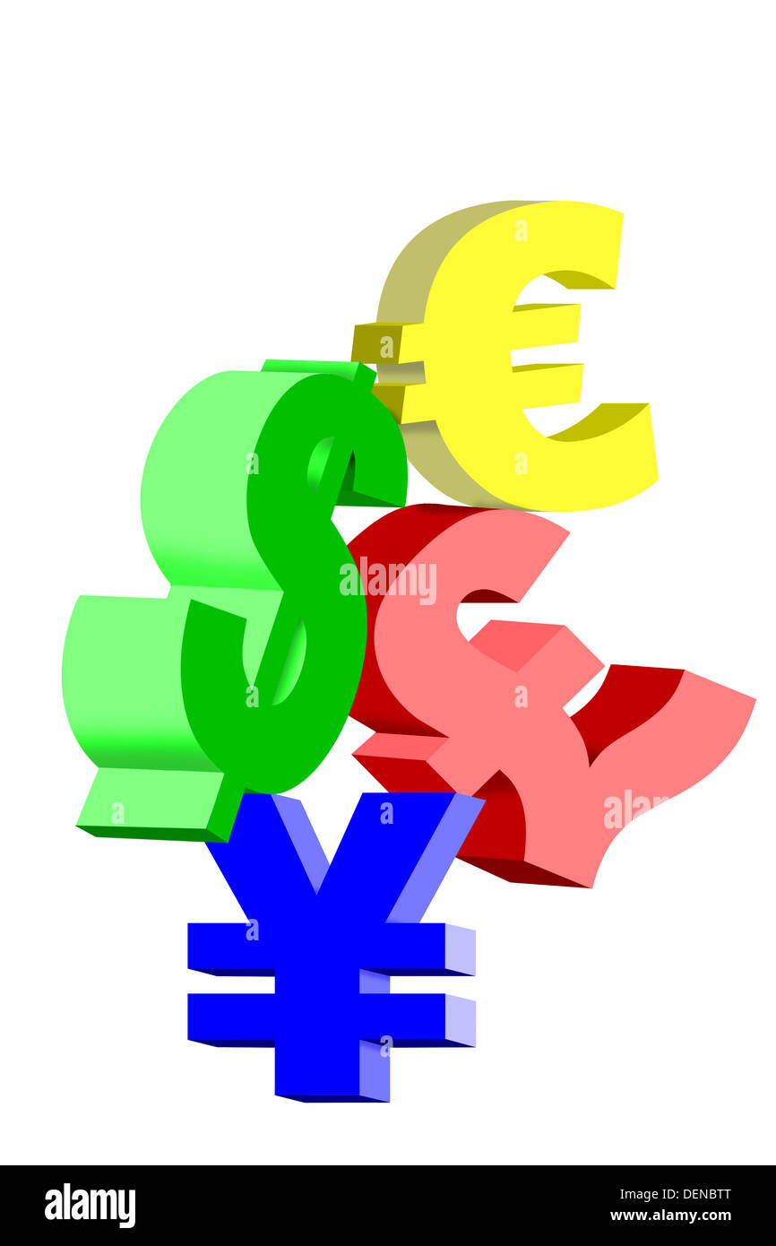 Livre Sterling, Euro, Dollar et Yen symboles monétaires Banque D'Images