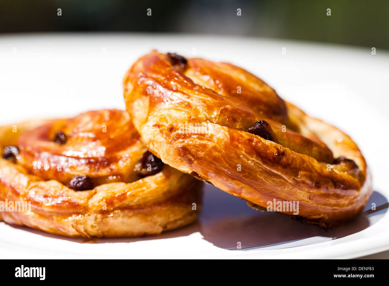 Deux délicieuses pâte pâtisserie danoise sultana's sur une plaque, à l'extérieur, sur une table au soleil Banque D'Images