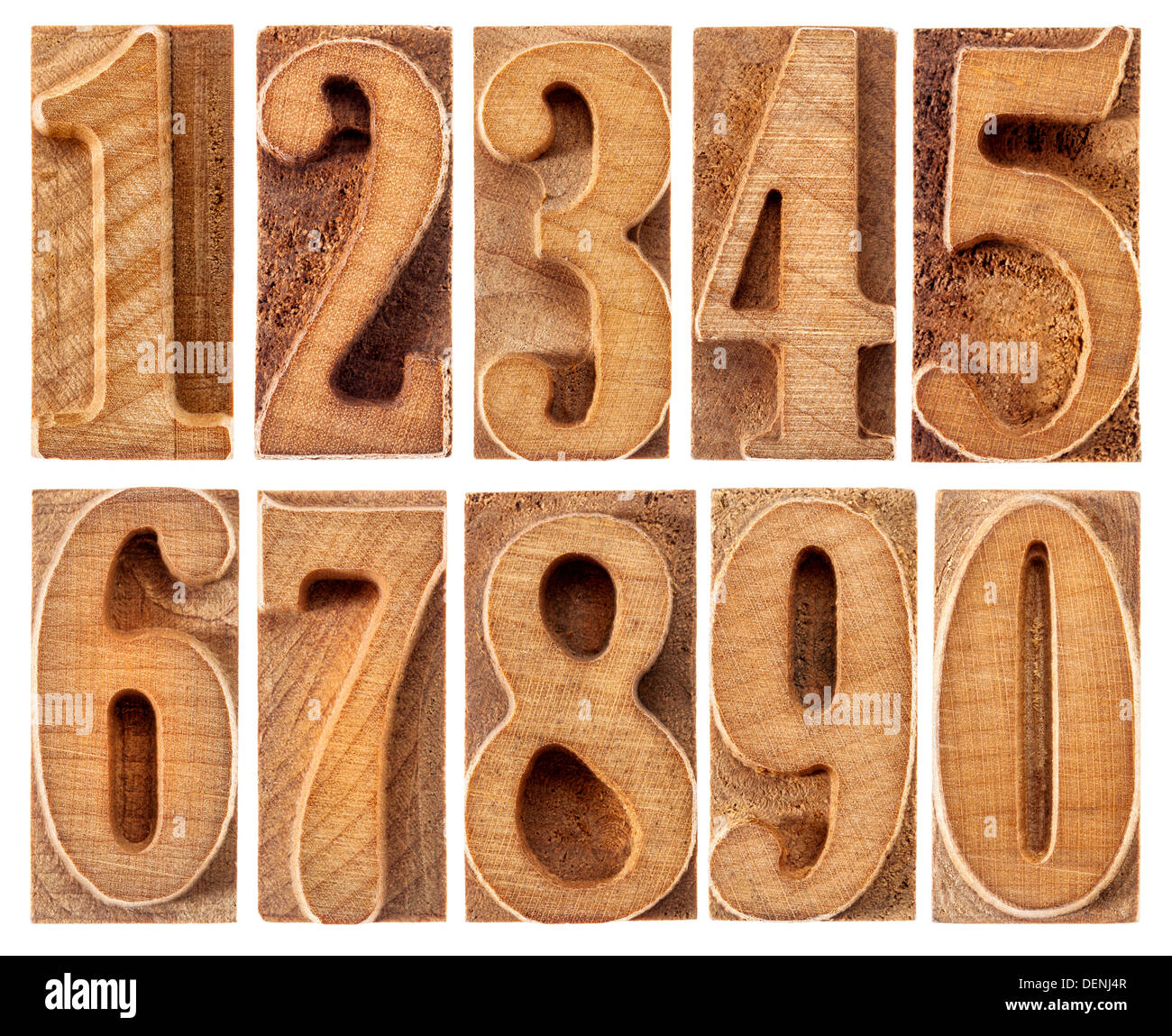 Un ensemble de dix numéros isolés de zéro à neuf dans la typographie type de blocs d'impression Banque D'Images