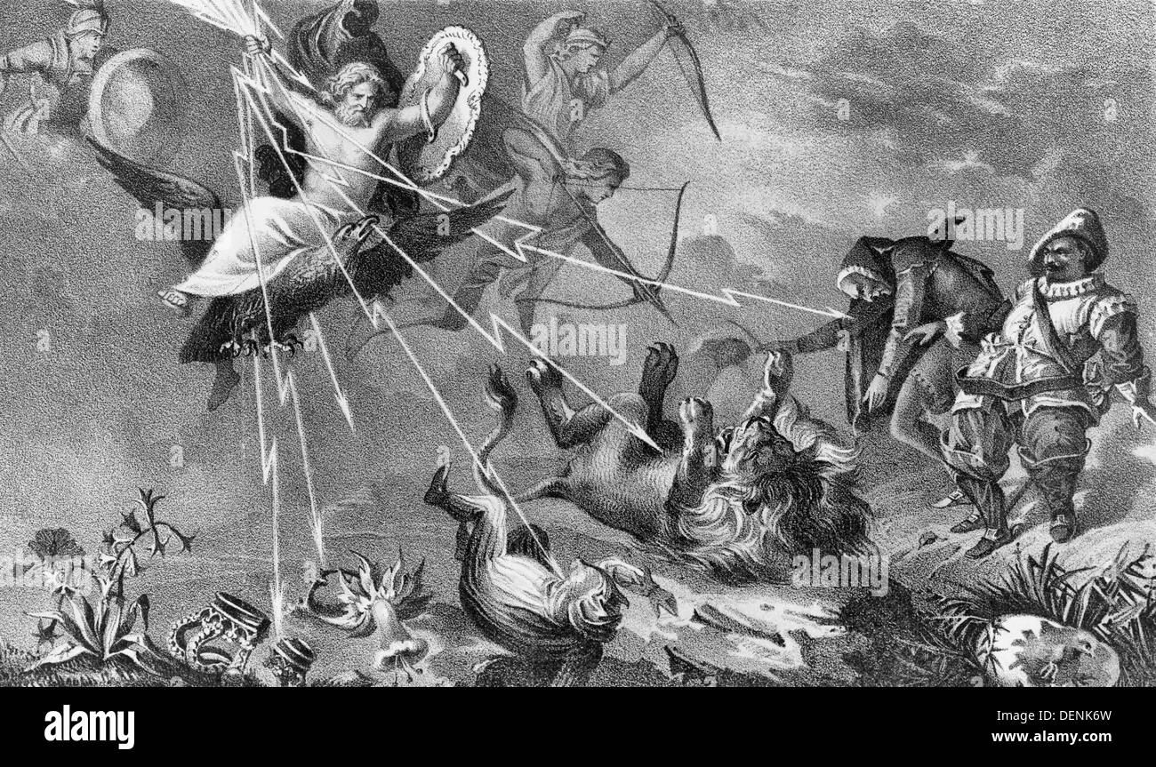 Jupiter, tenant la foudre et muni d'un bouclier, descend jusqu'à la masse sur le dos d'un aigle ; il frappe vers le bas avec les chiffres de l'autorité représentant la foudre et la folie Banque D'Images