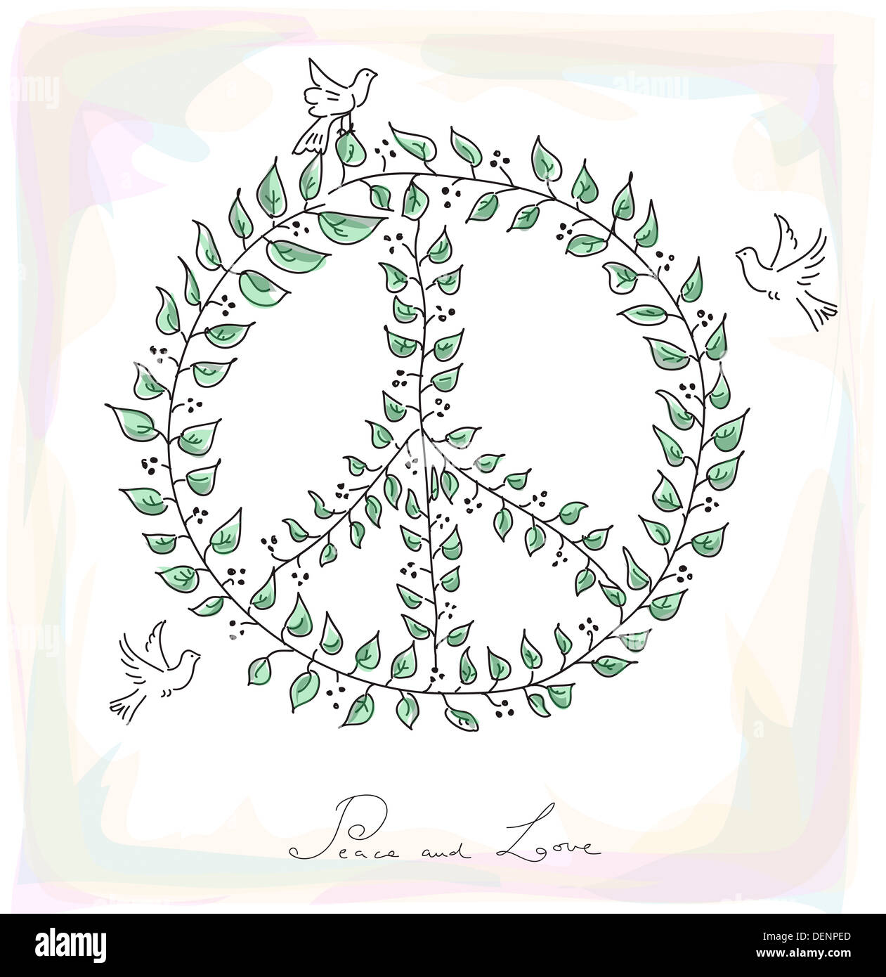 La paix et l'amour de style croquis composition : feuilles fait de Symbol et dove oiseaux au-dessus de texture background. Fichier vectoriel EPS10 organisé en couches pour faciliter l'editi Banque D'Images
