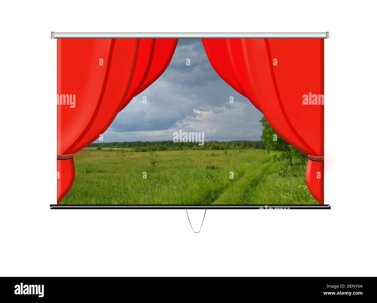 Belle écran blanc avec des rideaux rouges et Paysage du soir Banque D'Images
