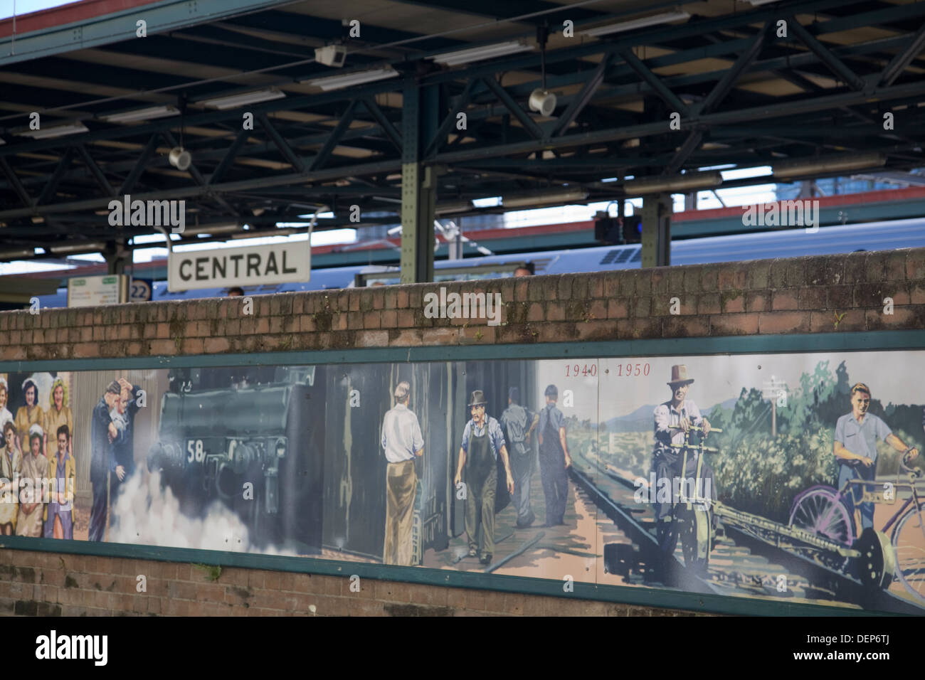 Hoarding célèbre 150 ans de chemins de fer de la Nouvelle-Galles du Sud à la gare centrale,Sydney, Australie Banque D'Images