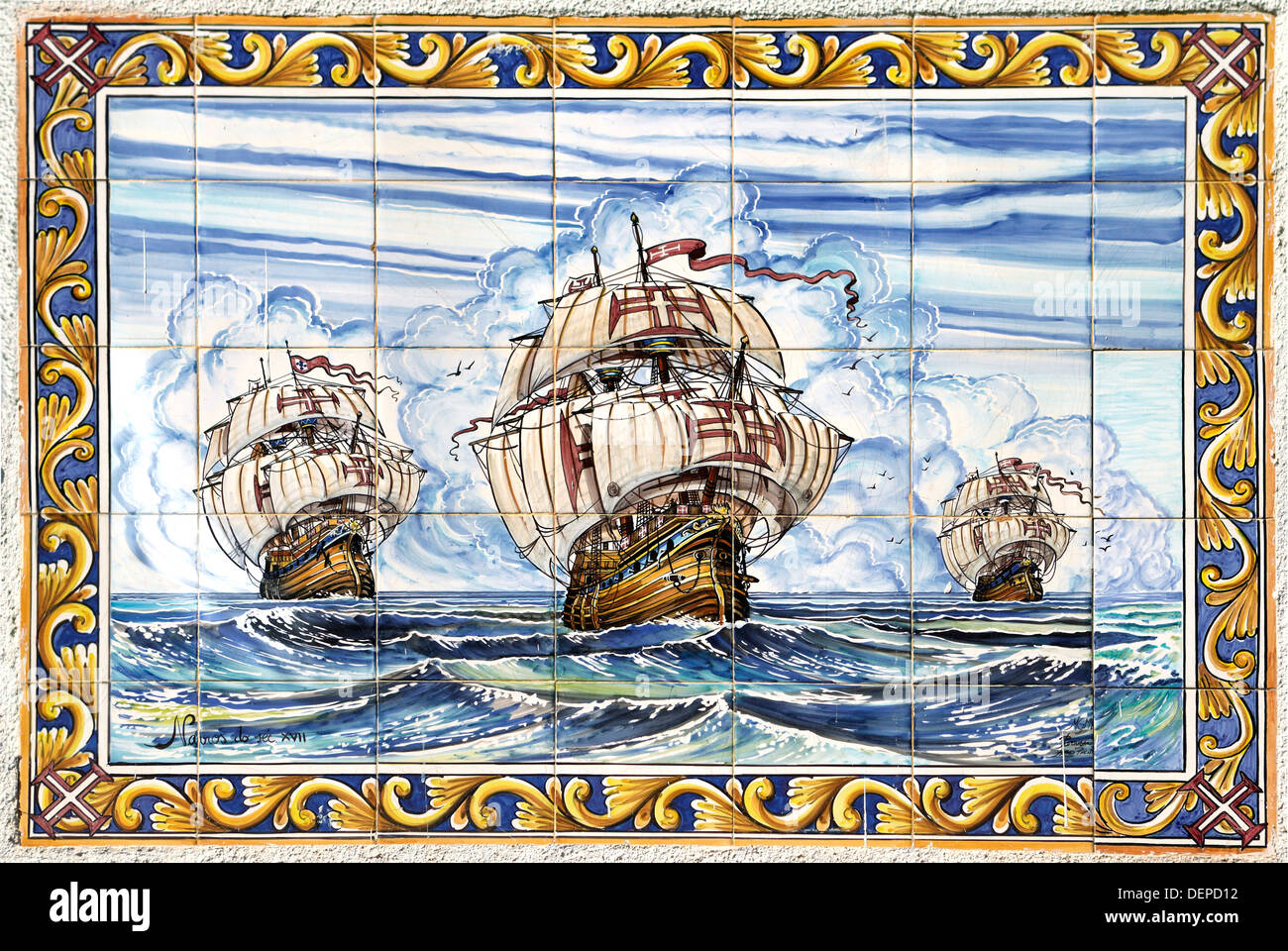 Les carreaux de céramique peints à la main, décoration murale, Lisbonne, Portugal Banque D'Images