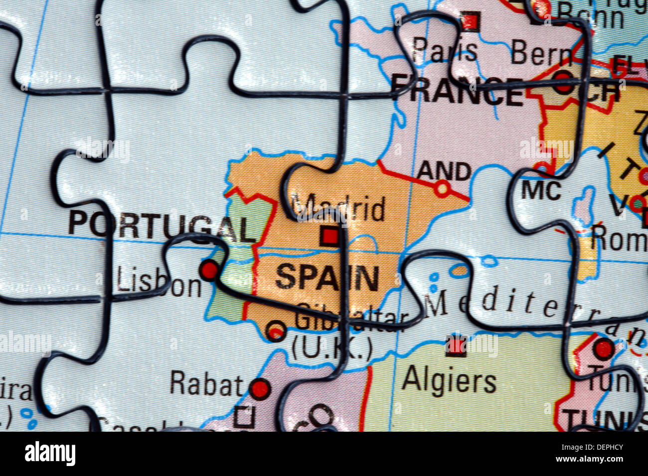 Puzzle montrant le sud-ouest de l'Europe et l'Afrique du Nord avec  l'Espagne, le Portugal et la France Photo Stock - Alamy
